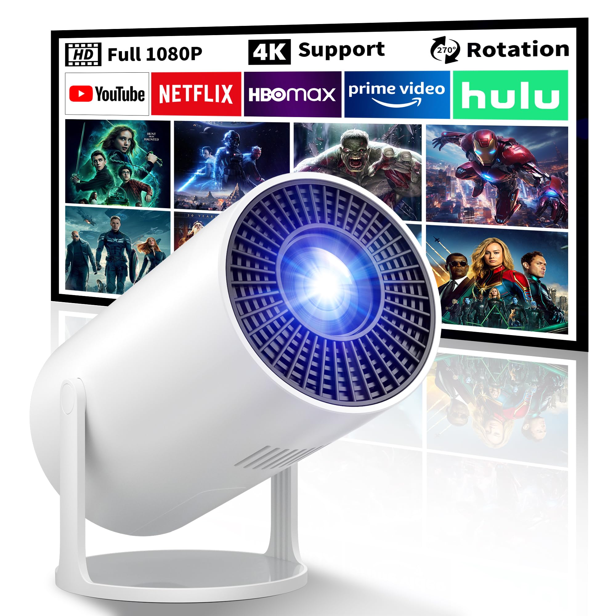 پروژکتور قابل حمل پشتیبانی 4K ، پرویکتور کوچک فول اچ دی 1080P با پایه چرخان 270 درجه ، پروژکتور فیلم قابل اتصال با تلویزیون استیک / تلفن هوشمند / HDMI / USB برای اتاق خواب / کمپینگ خارج از منزل