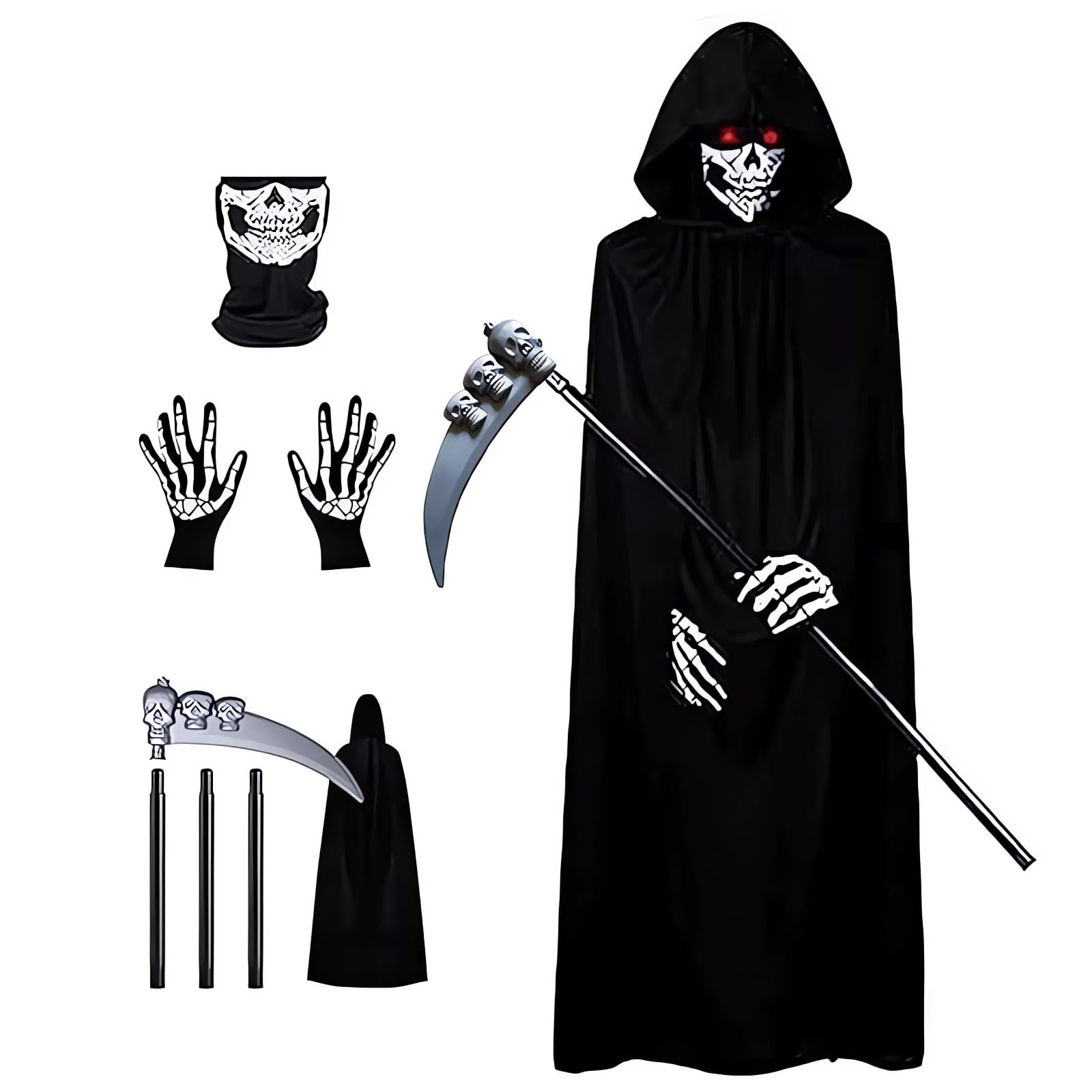 لباس هالووین فرشته مرگ برای کودکان و بزرگسالان، لباس ماسکرید هالووین، مجموعه ۵ تکه ای با روسری، دستکش، کلاه، بیضی، عینک، لباس ترسناک کاپلی هالووین کودکان ۴ تکه - بدون عینک