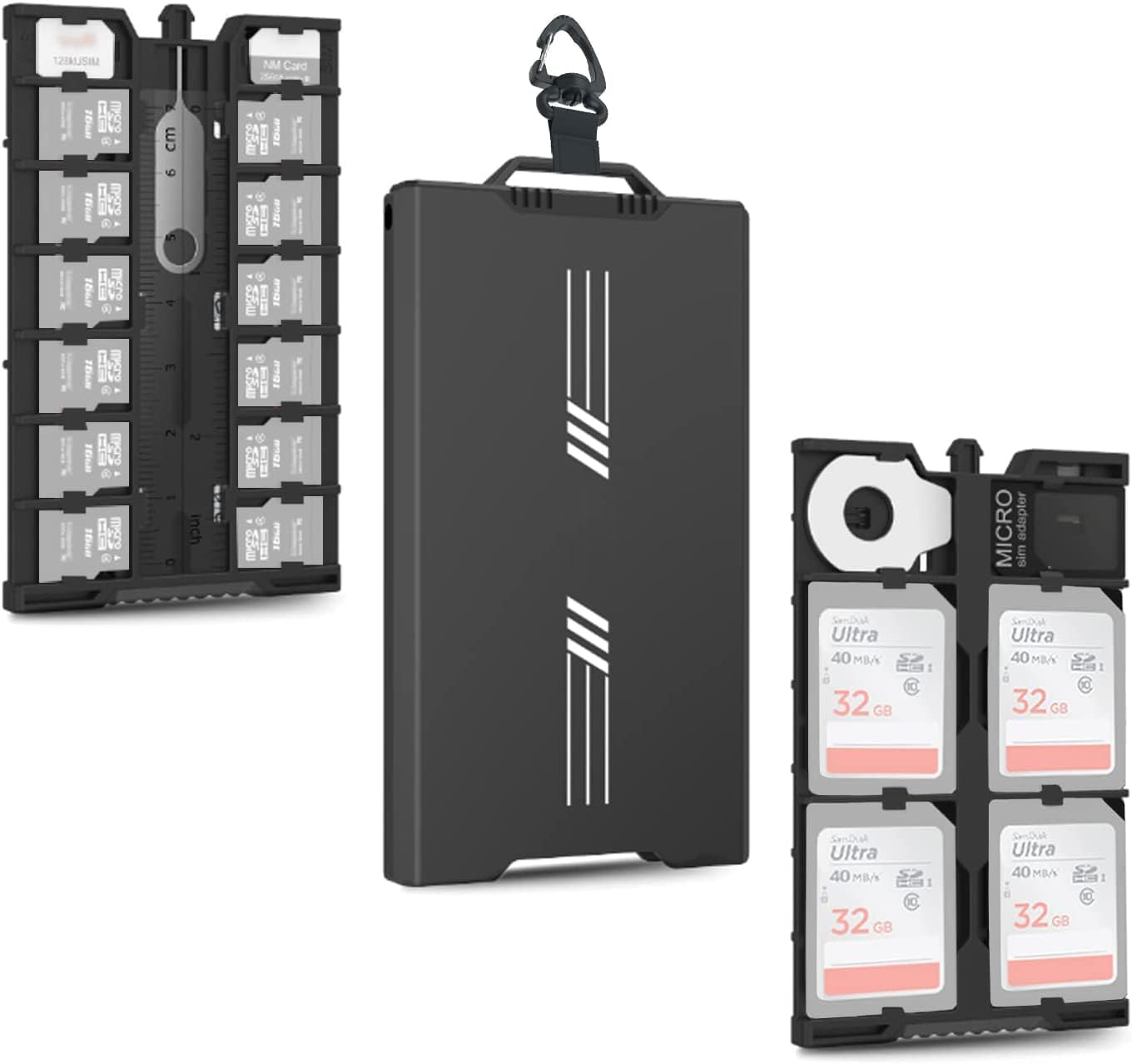 جعبه حافظه فلزی قابل حمل Azonee Pop-Up برای 12 کارت حافظه Micro SD + 4 کارت حافظه SD + 2 کارت Nano SIM، شامل کارابینر، آداپتور SIM و اندازه‌گیر کوچک