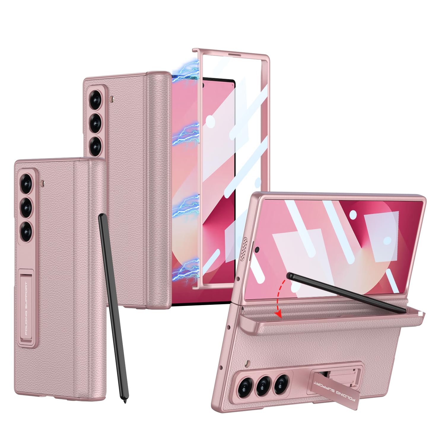 قاب پوششی XIMAND برای Samsung Galaxy Z Fold 6 با حفاظت مغناطیسی و صفحه نمایش جلویی داخلی و پشتیبانی قرار دادن Kicstand، پشتیبانی از S-Pen پنهان و پوشش با بافت باریک سطح مات. (صورتی) گوشی Samsung Galaxy Z Fold 6 صورتی