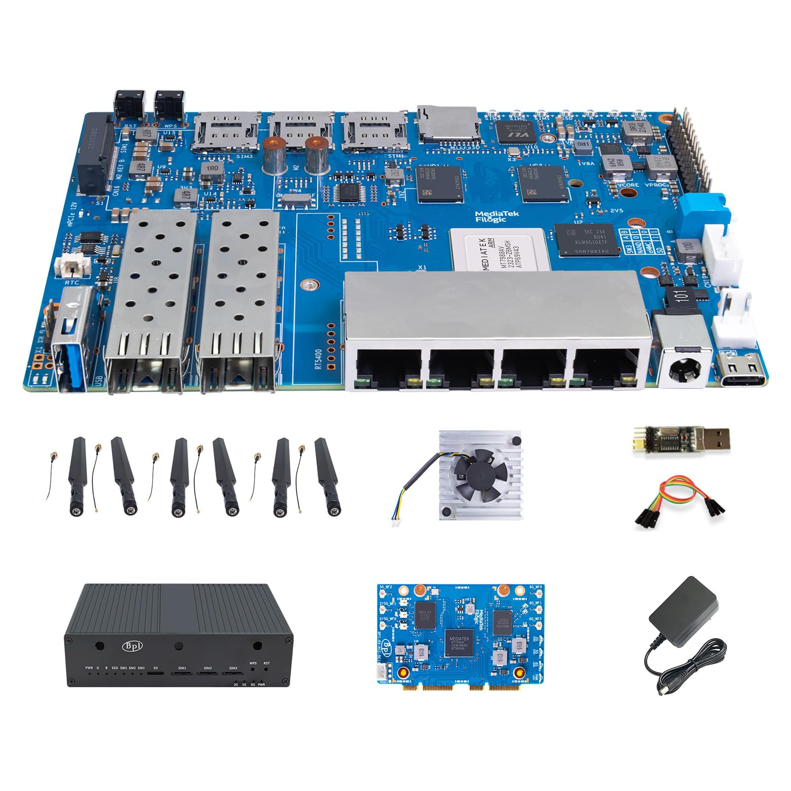 ترجمه:  
تخته توسعه روتر Banana Pi BPI-R4 WiFi 7 با چیپ MediaTek MT7988A، 4 گیگابایت RAM و 8 گیگابایت eMMC داخلی، 2X اسلات 10Gbe SFP، 4X پورت شبکه Gbe (با WiFi 7 و قاب فلزی)