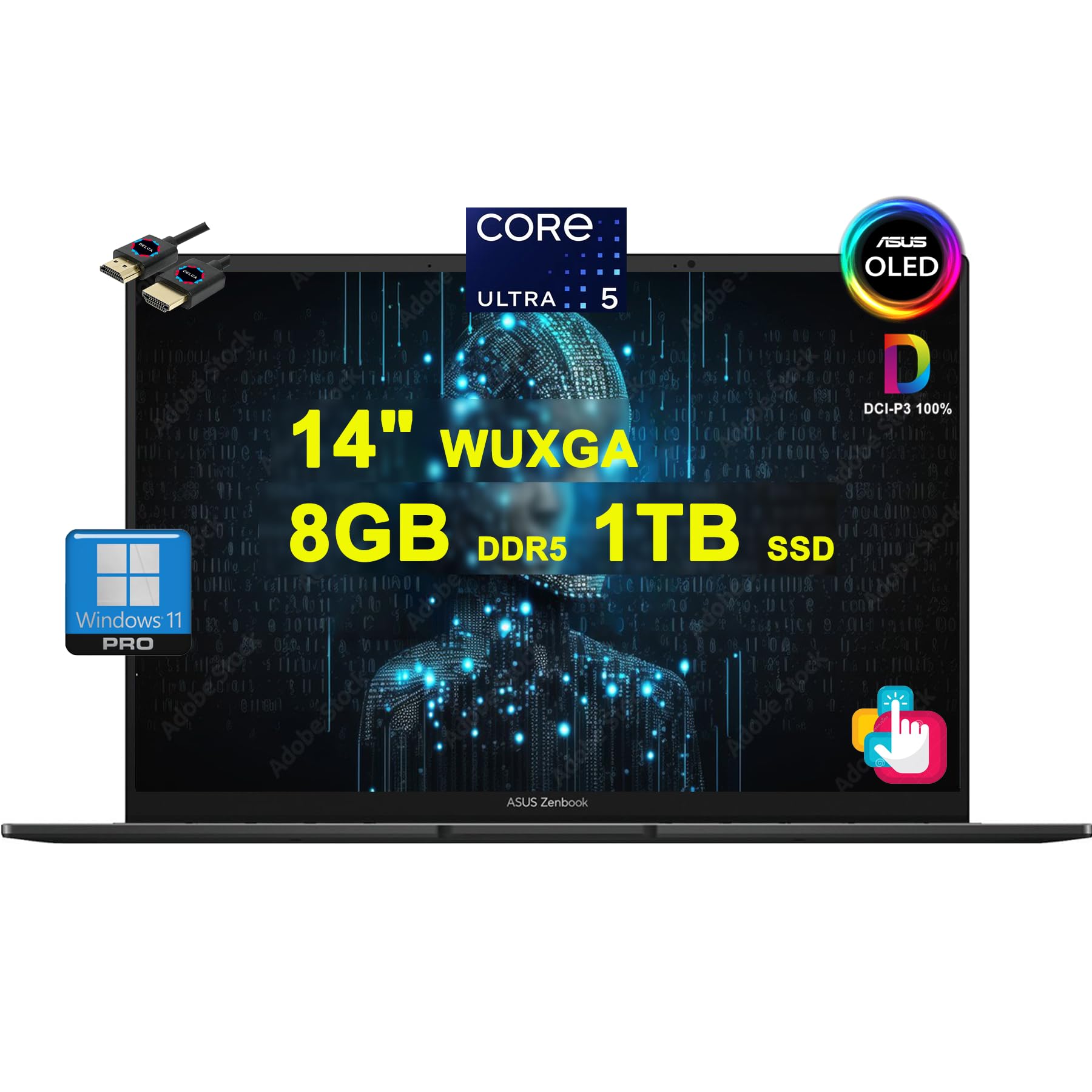 لپ تاپ ASUS Zenbook 14 OLED AI | 14 اینچ صفحه نمایش OLED WUXGA لمسی 550nits 100٪ DCI-P3 | Intel برند Ultra 5 با 14 هسته 125H | 8 گیگابایت DDR5 1 ترابایت حافظه داخلی SSD با نور پس زمینه Thunderbolt Harman/kardon Win11Pro همراه با لوازم جانبی DLCA 8 گیگابایت DDR5 | 1 ترابایت حافظه داخلی SSD