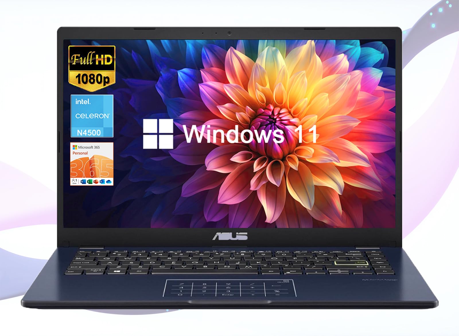لپ تاپ 14 اینچی ایسوس برای کسب و کار و دانشجویان، نمایشگر FHD 14 اینچی، اینتل سلرون N4500، 1 ساله Microsoft 365، 4 گیگابایت حافظه، 64 گیگابایت فلش ناند، کیبورد NumberPad، وب‌کم، HDMI، وای‌فای، ویندوز