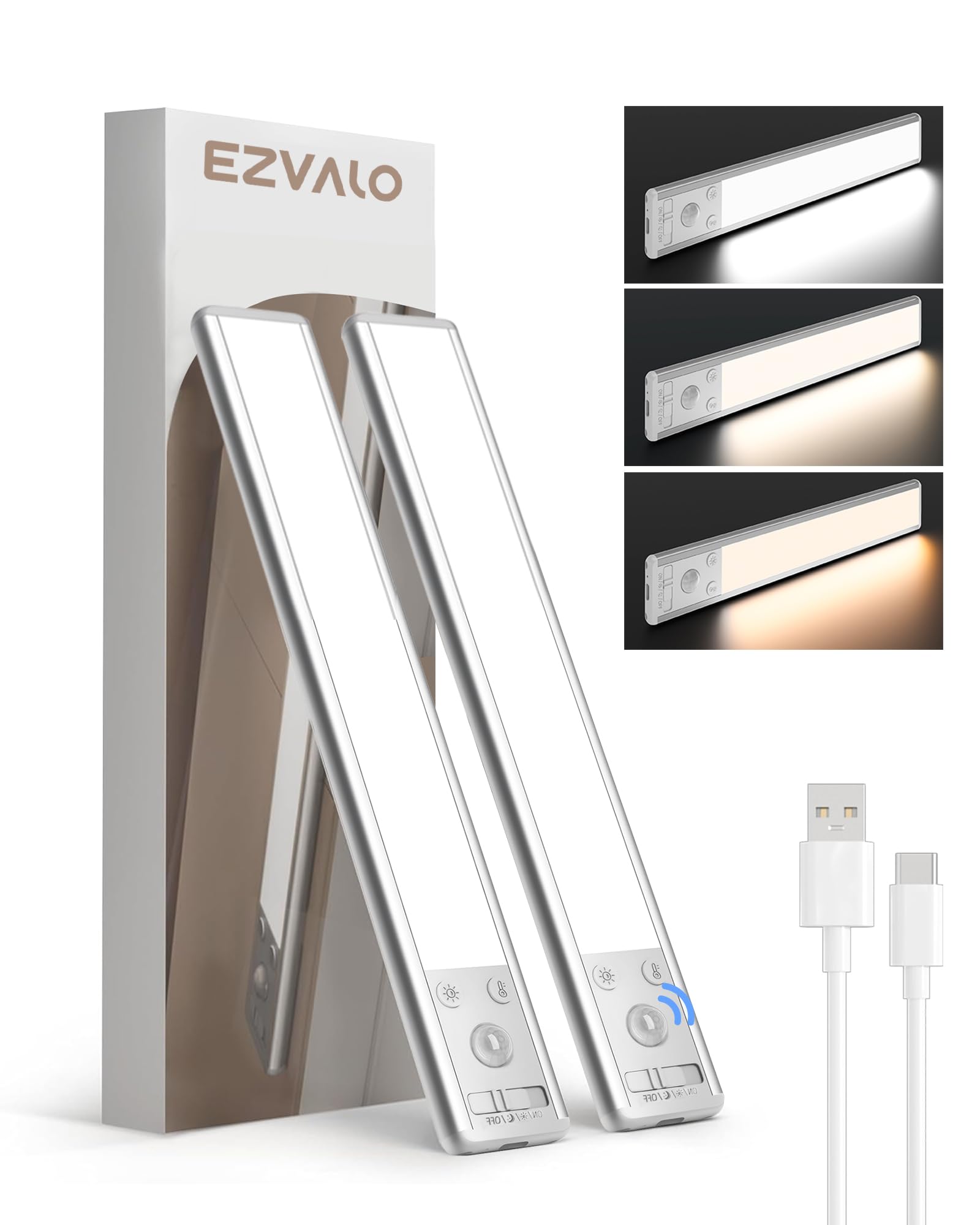 لوازم آشپزخانه EZVALO ، چراغ های سنسور حرکتی قابل شارژ 2400mAh ، چراغ های داخلی 5 درجه قابل تاریک کردن ، چراغ های کمد مغناطیسی بی‌سیم زیر کانتر برای آشپزخانه ، پله ها - دو بسته ، 3 دمای رنگ 8 اینچ نقره‌ای