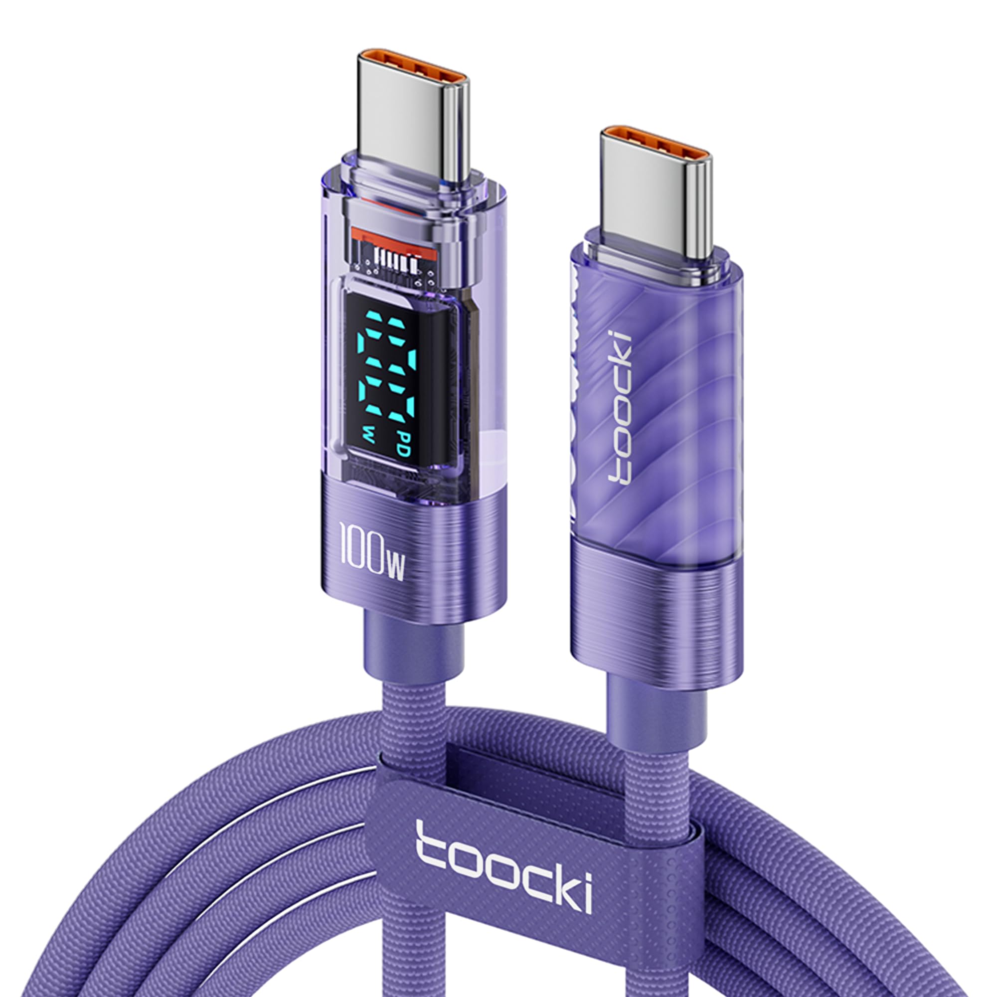 کابل Toocki USB C 100W 1M، بنفش، کابل شارژ USB C به USB C با نمایشگر LED، شارژ سریع کابل Type C 5A سازگار با آیفون 16/15، آیپد پرو/ایر، مک بوک پرو/ایر، گلکسی/هواوی/شیائومی و غیره بنفش 1M
