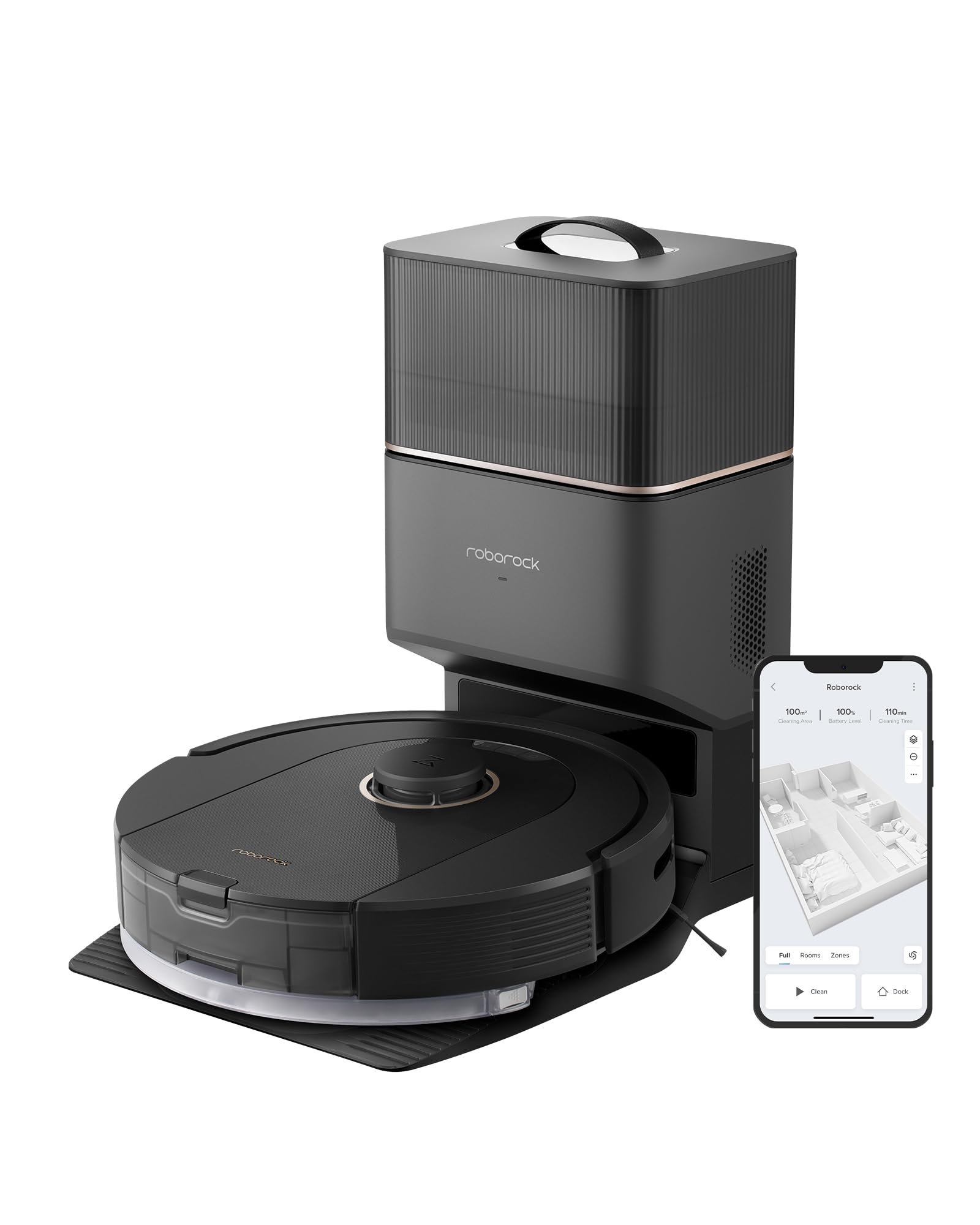 ربات جاروبرقی و ماساژور Roborock Q5 Pro+، خودتخلیه، مکش حداکثر 5500 پاسکال، موتور دوگانه، تمیزکردن بدون دست‌انداز برای تا 7 هفته، مسیریابی دقیق، مناسب برای کف‌های سخت، فرش‌ها، و موهای حیوانات خانگی - مدل Q5 Pro+ مشکی