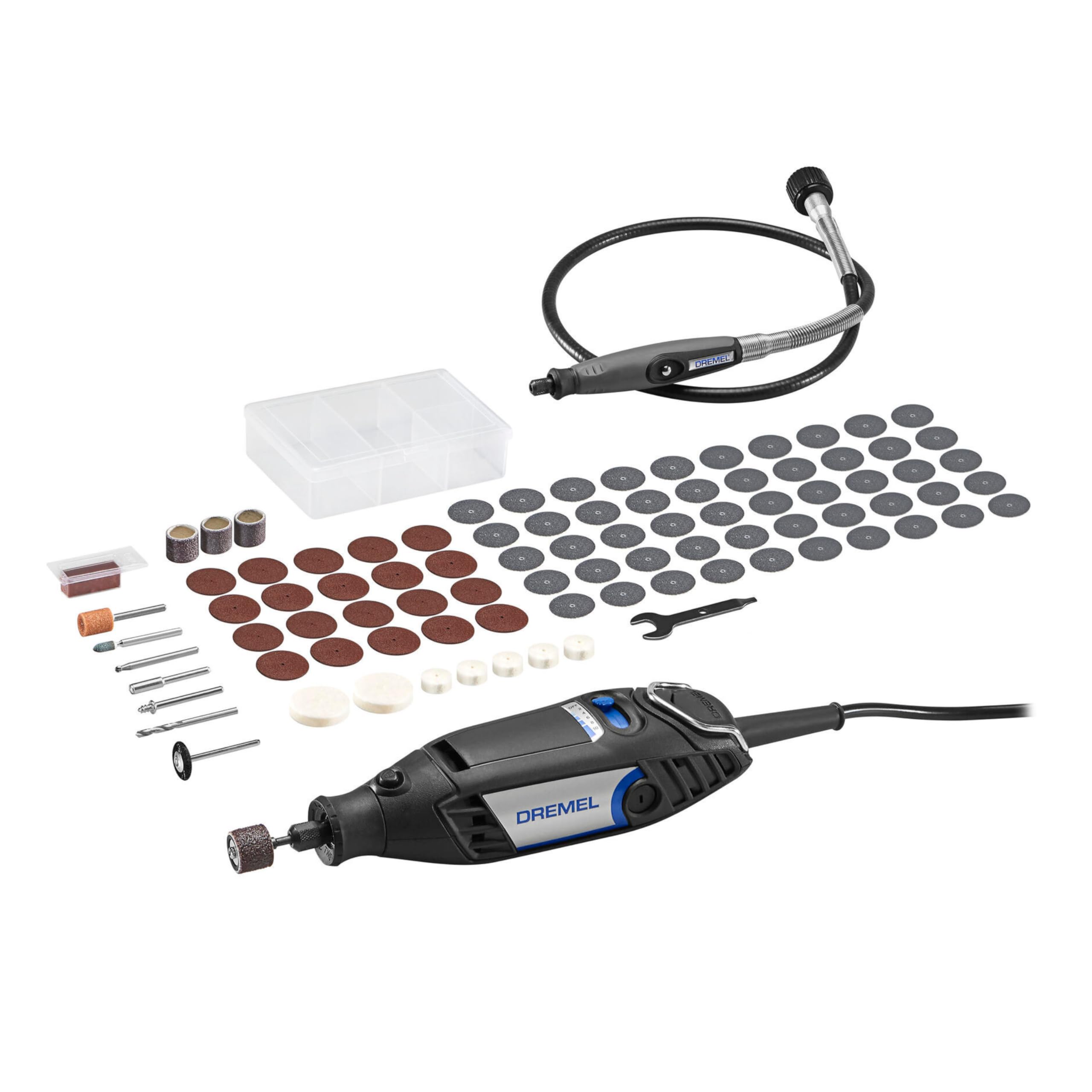 ابزار چرخشی Dremel 3200 با قدرت 130 وات، کیت چندکاره با 1 آداپتور شافت انعطاف پذیر، 90 لوازم جانبی، سرعت متغیر 10،000 - 35،000 دور در دقیقه برای برش، حکاکی، سنگ زنی، سنباده زنی، حفر، تمیزکاری