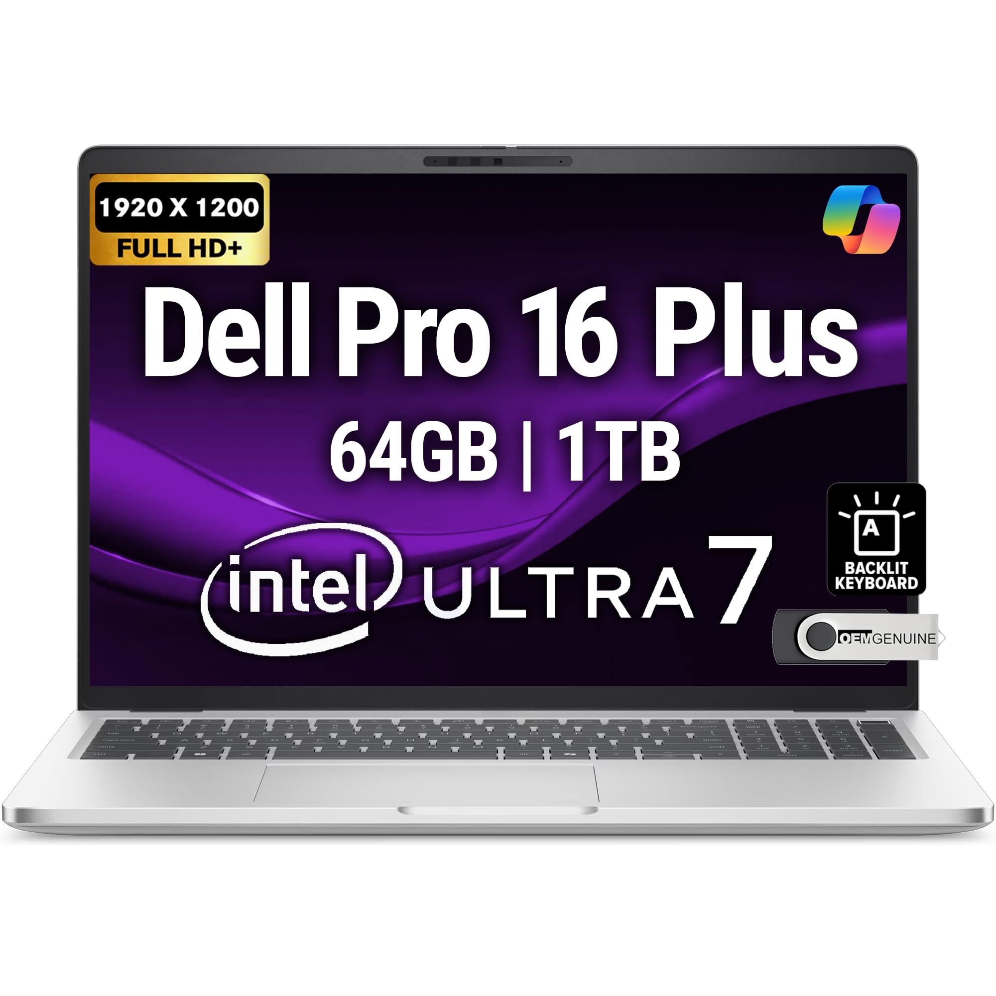 Dell Pro 16 Plus PB16250 (جایگزین Latitude 5550) کتابخانه کسب و کار 16 اینچی FHD+ اینتل الترا 7-265U، 64GB رم DDR5، 1TB NVMe، Wi-Fi 6E، BT، صفحه کلید با نور پس زمینه، وب کم HD، RJ-45، ویندوز 11 Pro 64GB DDR5 | 1TB NVMe