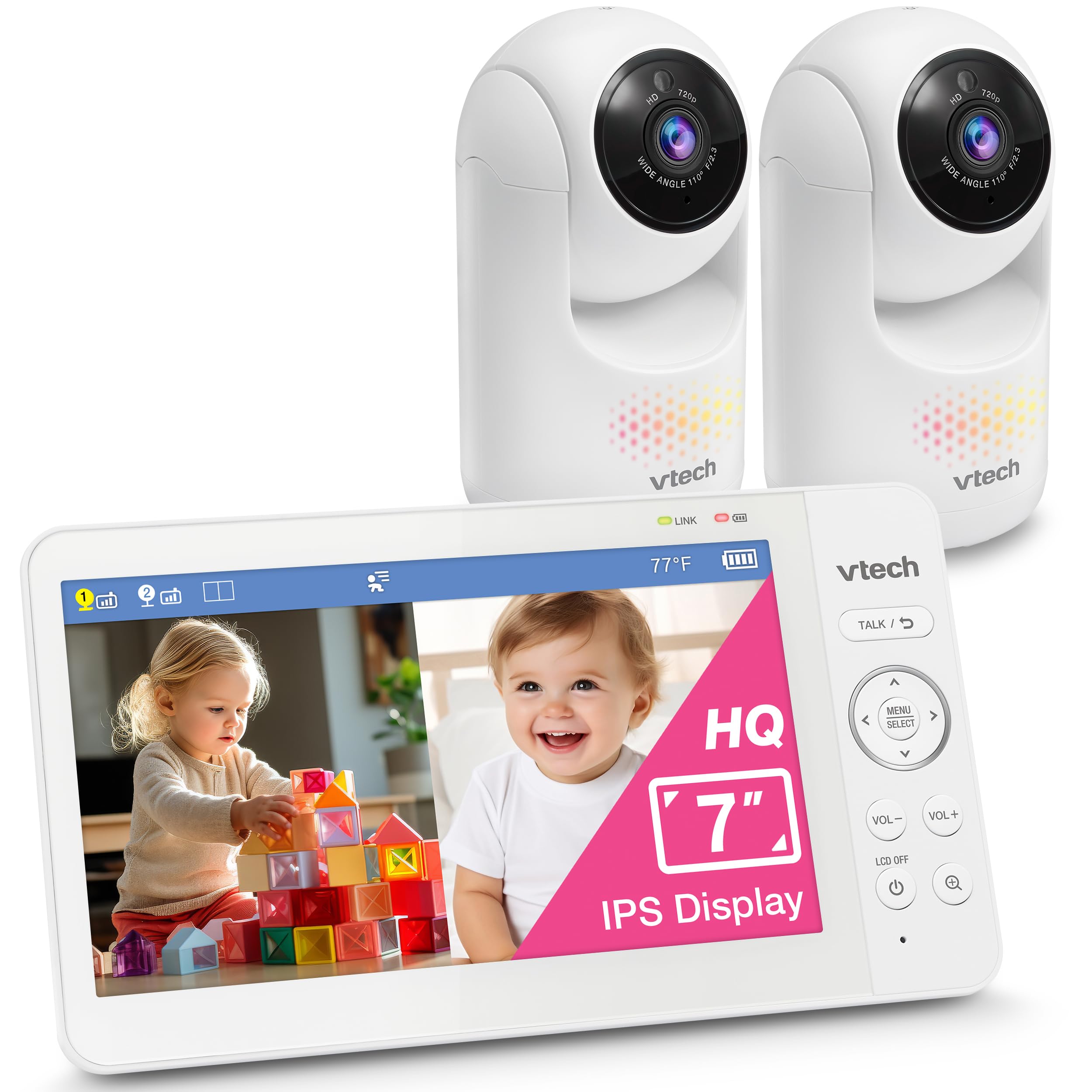 ترجمه: دوربین بچه‌محور دیجیتال مدل VTech Advanced HQ Max Twin با صفحه نمایش IPS 7 اینچی، دارای دو دوربین با قابلیت چرخش و بزرگنمایی، با عمر باتری طولانی 5000mAh، نور شب چندرنگی منطبق، دوطرفه صحبت، صفحه نمایش HQ، بدون نیاز به اینترنت بی‌سیم، رنگ سفید "HQ 2 دوربین 7 اینچی"