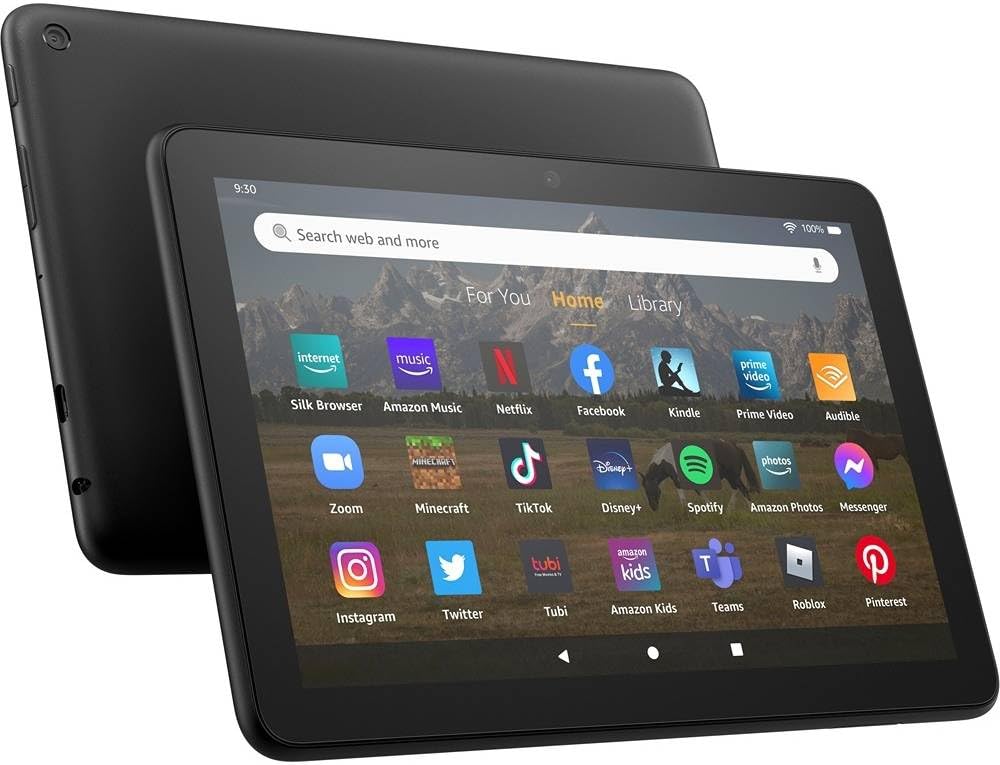 تبلت REBENUO Fire HD 8 نسل 12 (2022)، نمایشگر HD 8 اینچ، ظرفیت ذخیره‌سازی 32 گیگابایت، رم 2 گیگابایت، پردازنده 30% سریع‌تر، نازک‌تر و سبک‌تر، دارای Alexa، طراحی شده برای سرگرمی قابل حمل، رنگ مشکی.