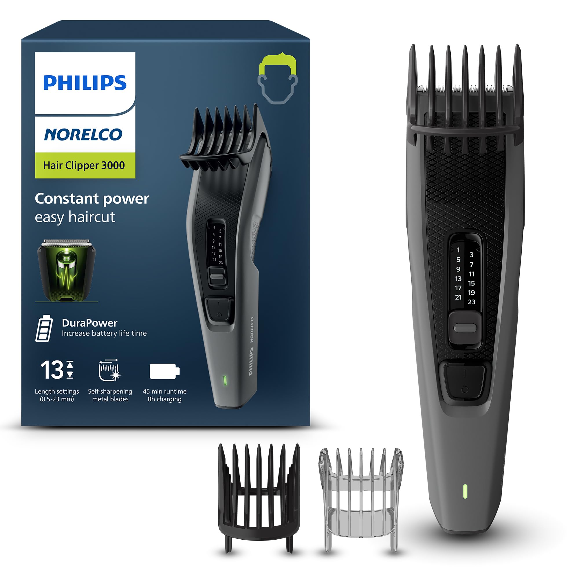 Norelco Philips Hair Clipper 3000 Series, Hair and Beard Trimmer, Trim-and-Flow Technology, DualCut Technology, DuraPower, 13 Length Settings, 45 Min. Runtime, Zero Maintenance, Model HC3525/40 Grey Hair Clipper 3000