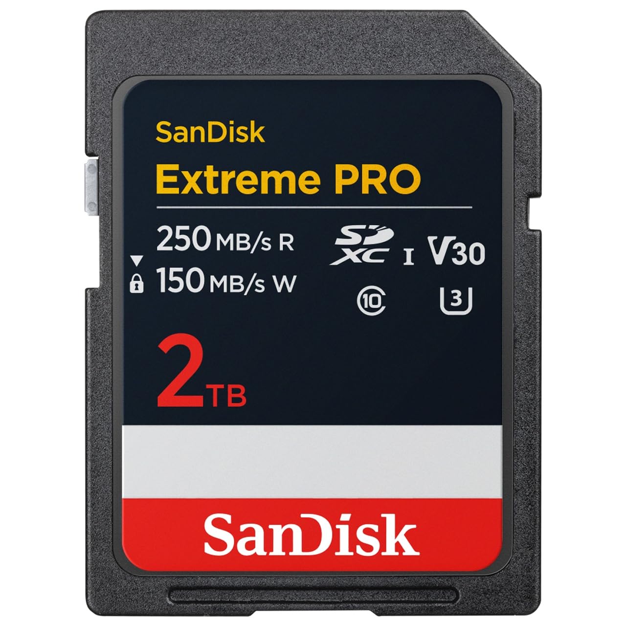 کارت SanDisk Extreme PRO SDXC 2TB، UHS-I، V30، U3، 4K UHD، سرعت خواندن 250MB/s، سرعت نوشتن 150MB/s، 2808 دقیقه ویدئوی 4K، RescuePRO Deluxe، تکنولوژی QuickFlow، رنگ مشکی، گارانتی 1 سال