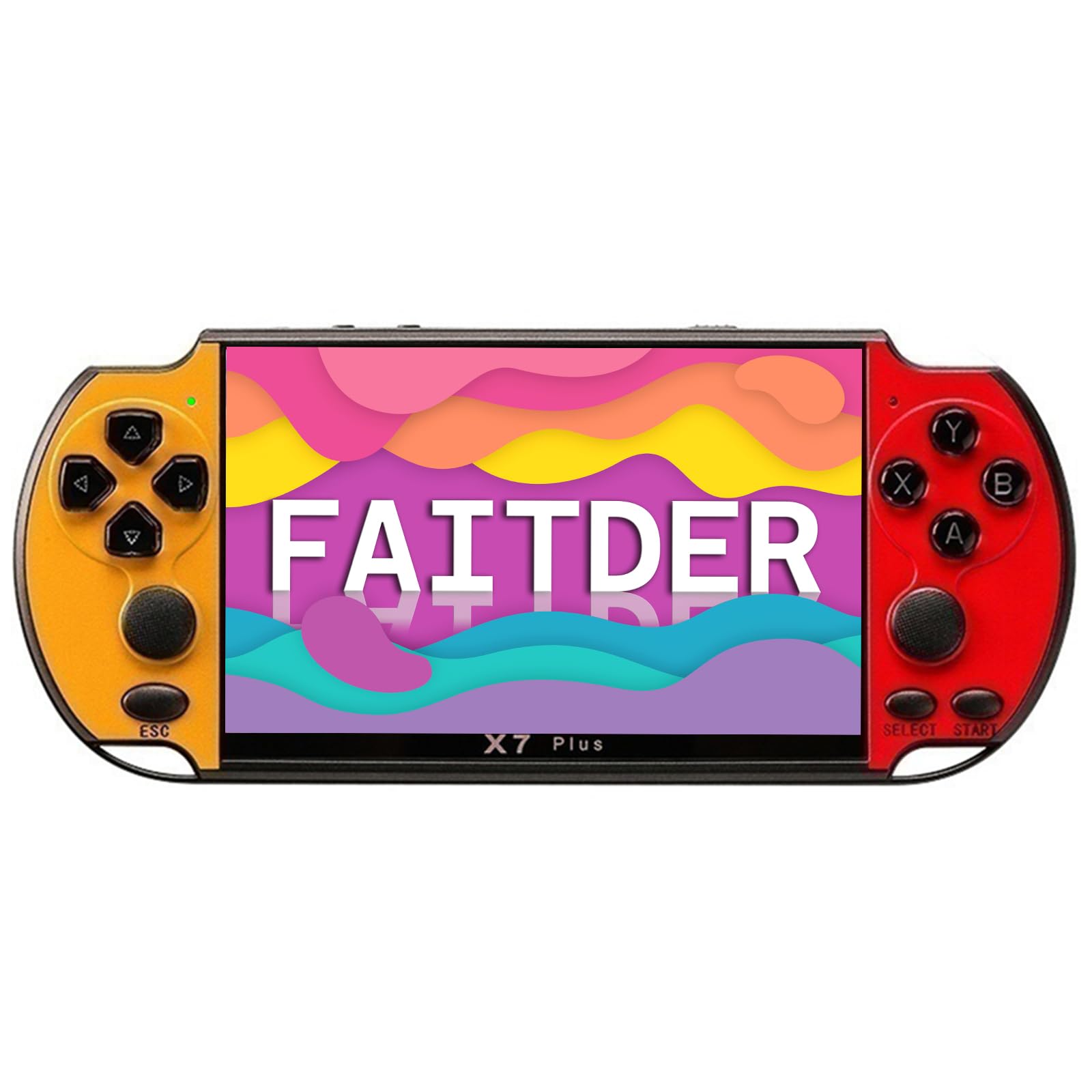 کنسول بازی قابل حمل FAITDER X7Plus با سیستم لینوکس 5.1 اینچی، دارای 10500+ بازی رایگان PS1/GBC/GBA/FC/MD/Arcade، دو دسته بازی، هدیه ای عالی برای کودکان (رنگ‌های قرمز و زرد)