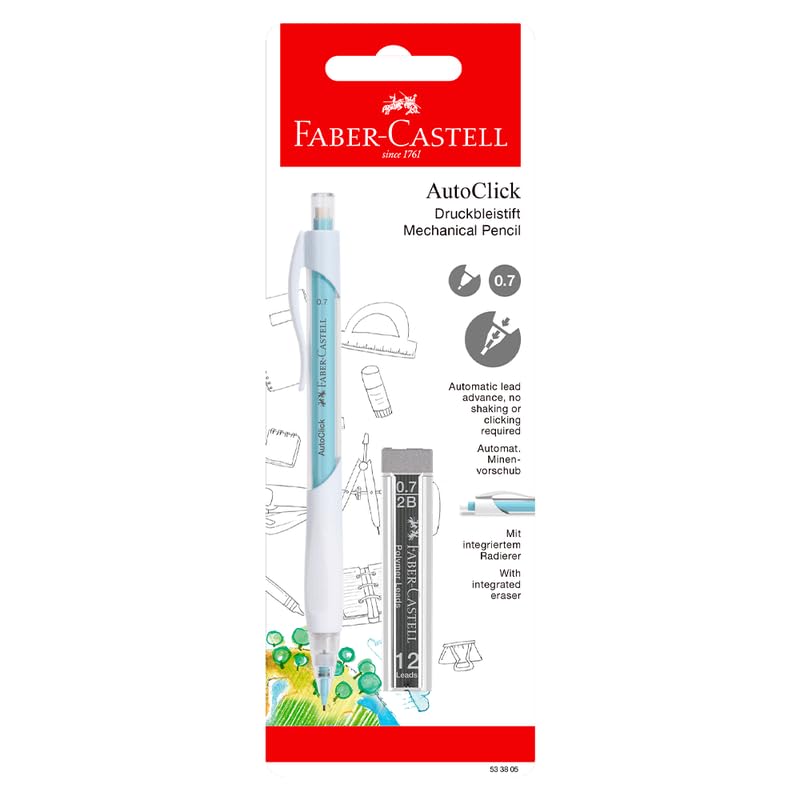 مداد مکانیکی Faber-Castell Autoclick با نوک 0.7 میلی‌متر (1 عدد + 1 نوک) رنگ‌های متنوع، دارای پیشرفت سریع و آسان نوک به صورت اتوماتیک برای نوشتن و نقاشی مداوم بدون وقفه است.