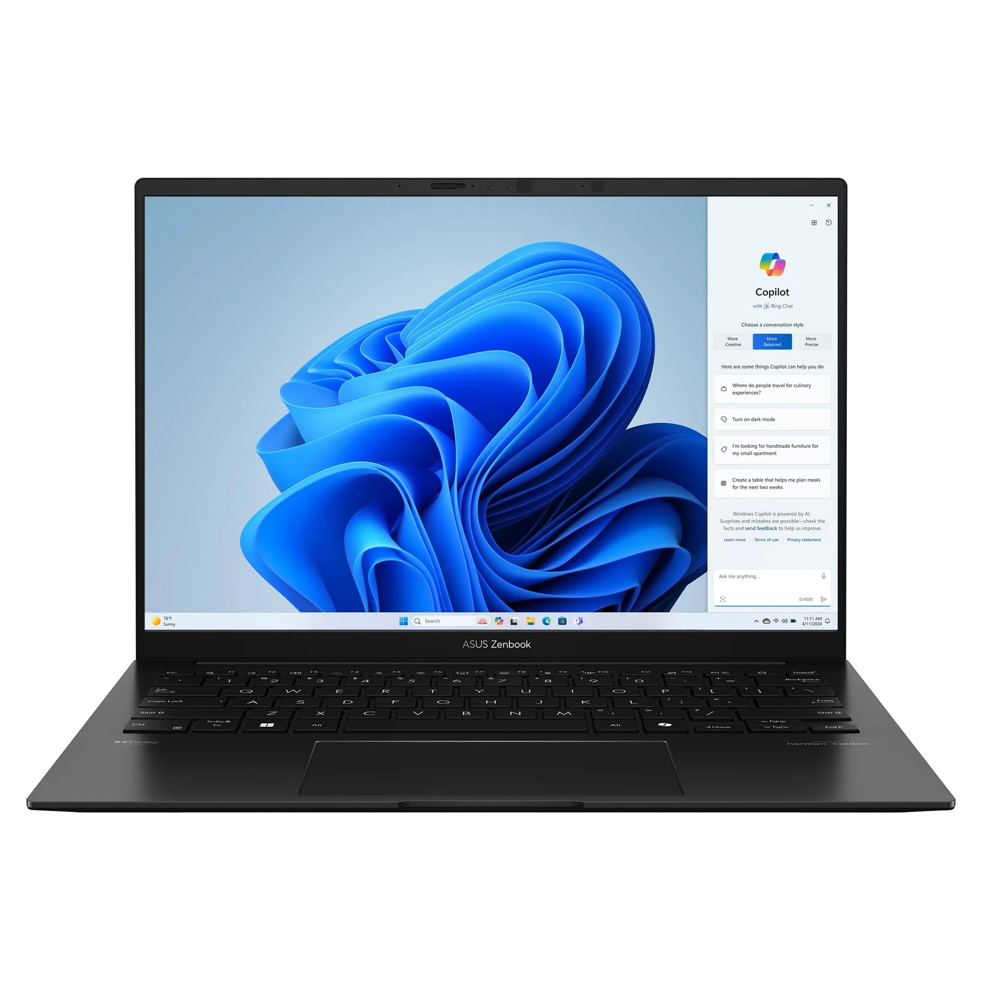 لپتاپ لمسی ASUS Zenbook 14 اینچ OLED WUXGA، AMD Ryzen 7 8840HS، 16GB RAM، 512GB SSD، ویندوز ۱۱ هوم، رنگ مشکی یشمی | 90NB1272-M000R0