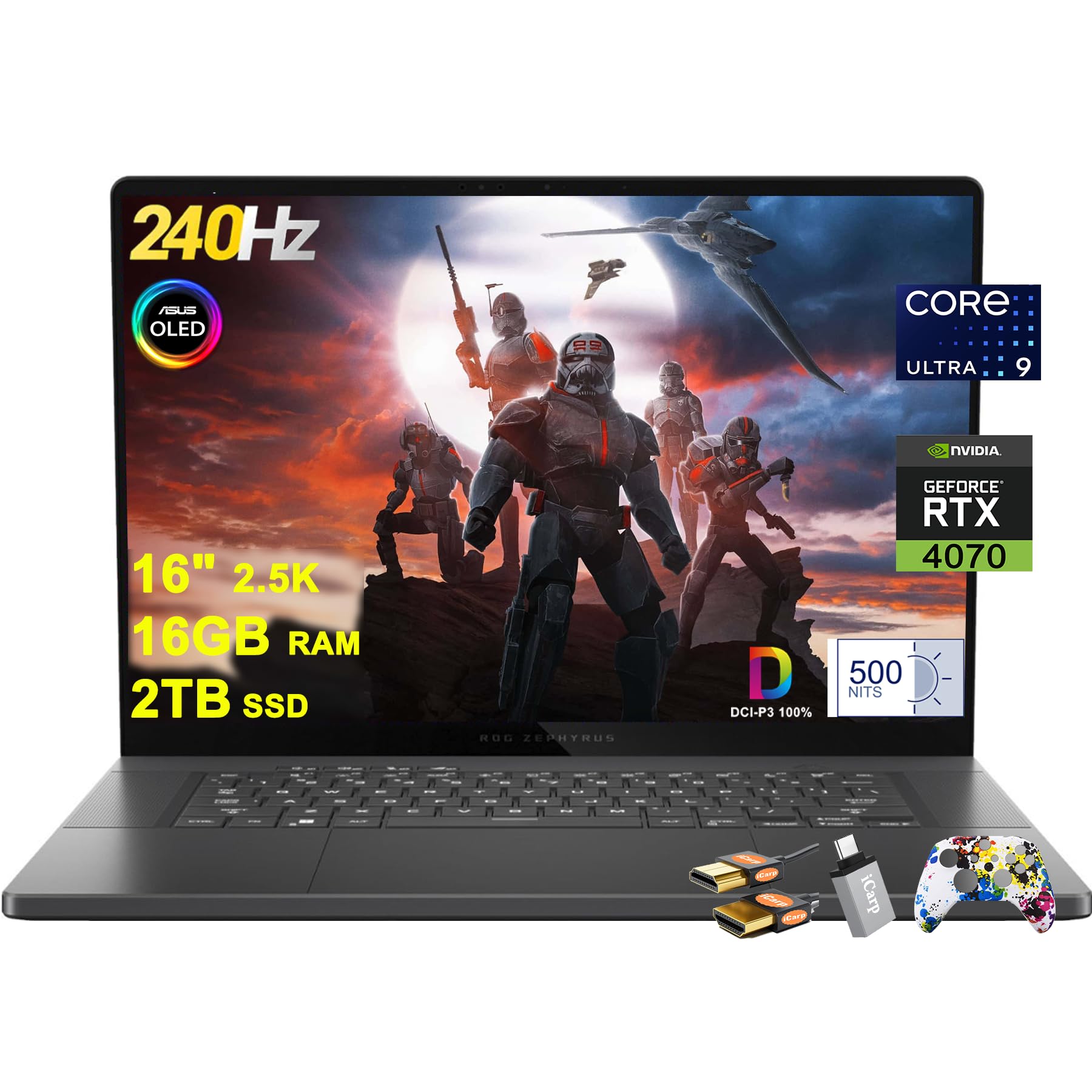 لپ تاپ گیمینگ ASUS ROG Zephyrus G16 با ابعاد 16 اینچ، صفحه نمایش OLED با رزولوشن 2560x1600 و فرکانس تازه‌سازی 240Hz (DCI-P3 100% 500nits G-SYNC) اینتل 16 هسته‌ای Ultra 9 185H، 16 گیگابایت رم و 2 ترابایت حافظه داخلی SSD GeForce RTX 4070، صفحه کلید خلفی نوردار، پورت Thunderbolt، ویندوز 11 با ICP Hub 16 گیگابایت رم و 2 ترابایت حافظه داخلی SSD