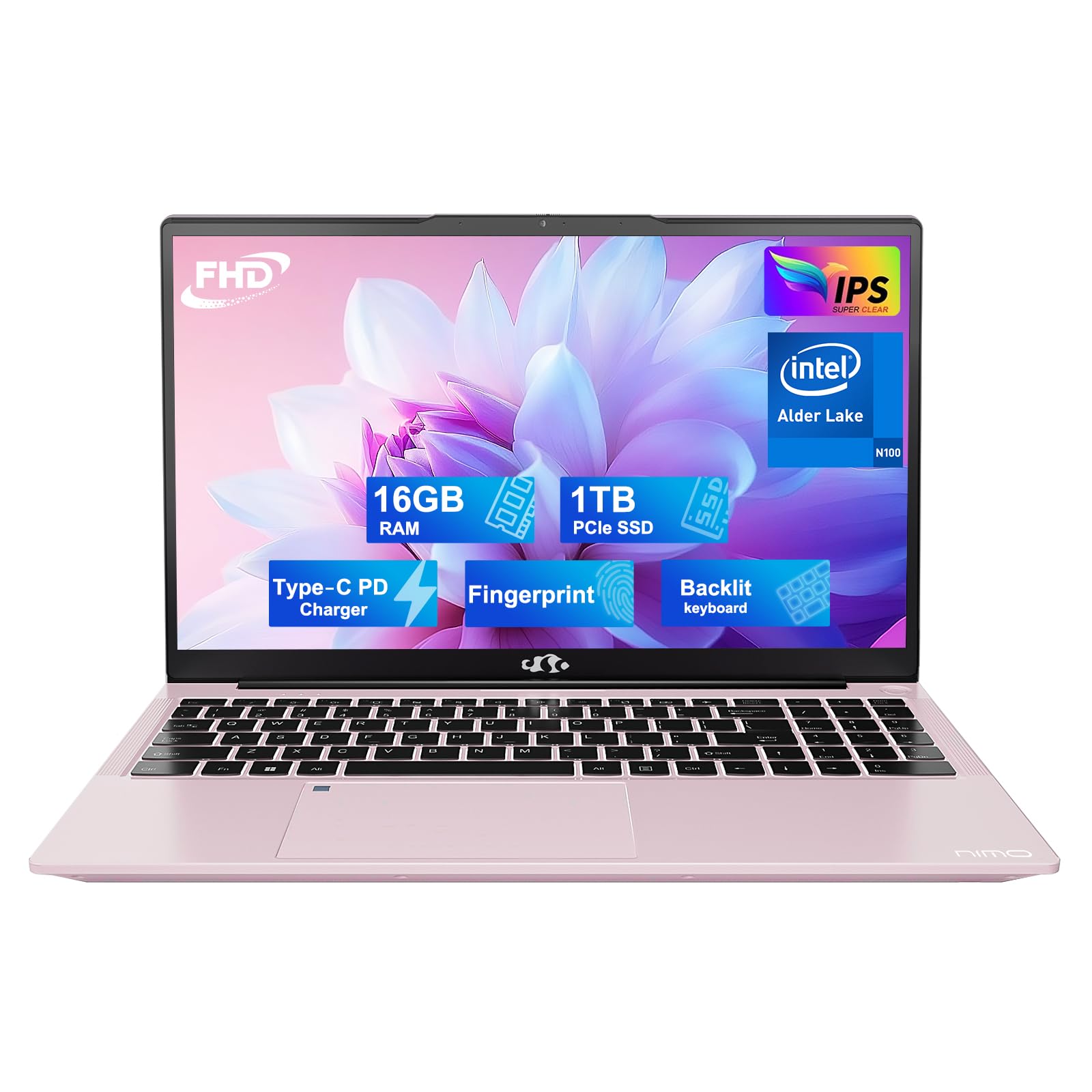 NIMO 15.6 FHD لپ تاپ دانشجویی، 16GB رم، 1TB حافظه‌ی جامد اس‌اس‌دی، پردازنده چهار هسته‌ای اینتل پنتیوم N100 (بهتر از i3-1115G4، تا 3.4 گیگاهرتز)، 2 سال گارانتی، صفحه کلید با نور پس زمینه، اثر انگشت، ویندوز 11، رزگلد