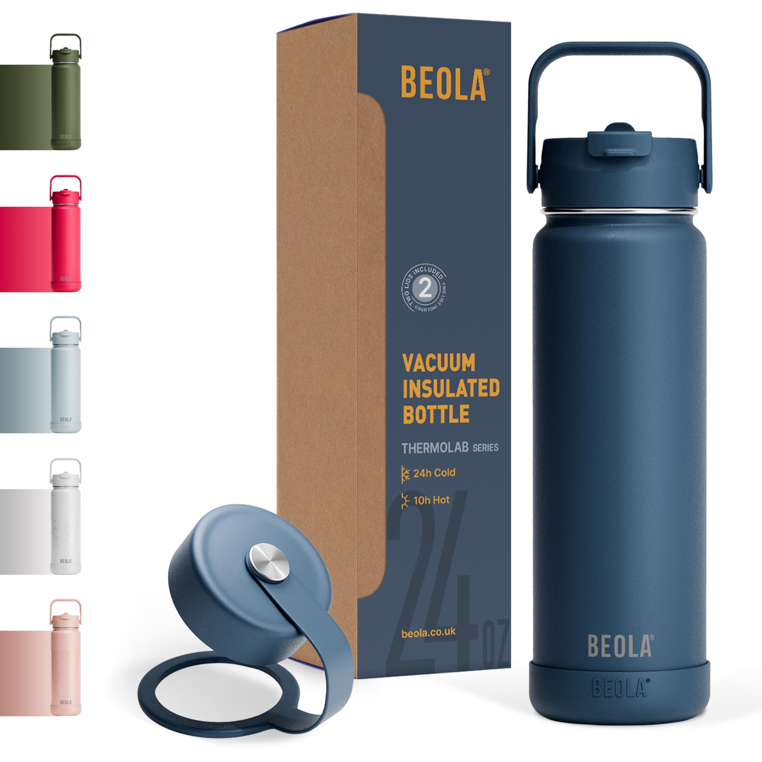 بطری آب BEOLA 750 میلی‌لیتر استیل ضد زنگ 18/8 دیوار دوجداره با عایق حرارتی، درپوش لوله‌ای و دهانه‌ی وسیع، 2 درپوش دیگر همراه، برای مایعات گرم و سرد، بطری ورزشی، 25 اونس (آبی دریا، Sailor Blue)