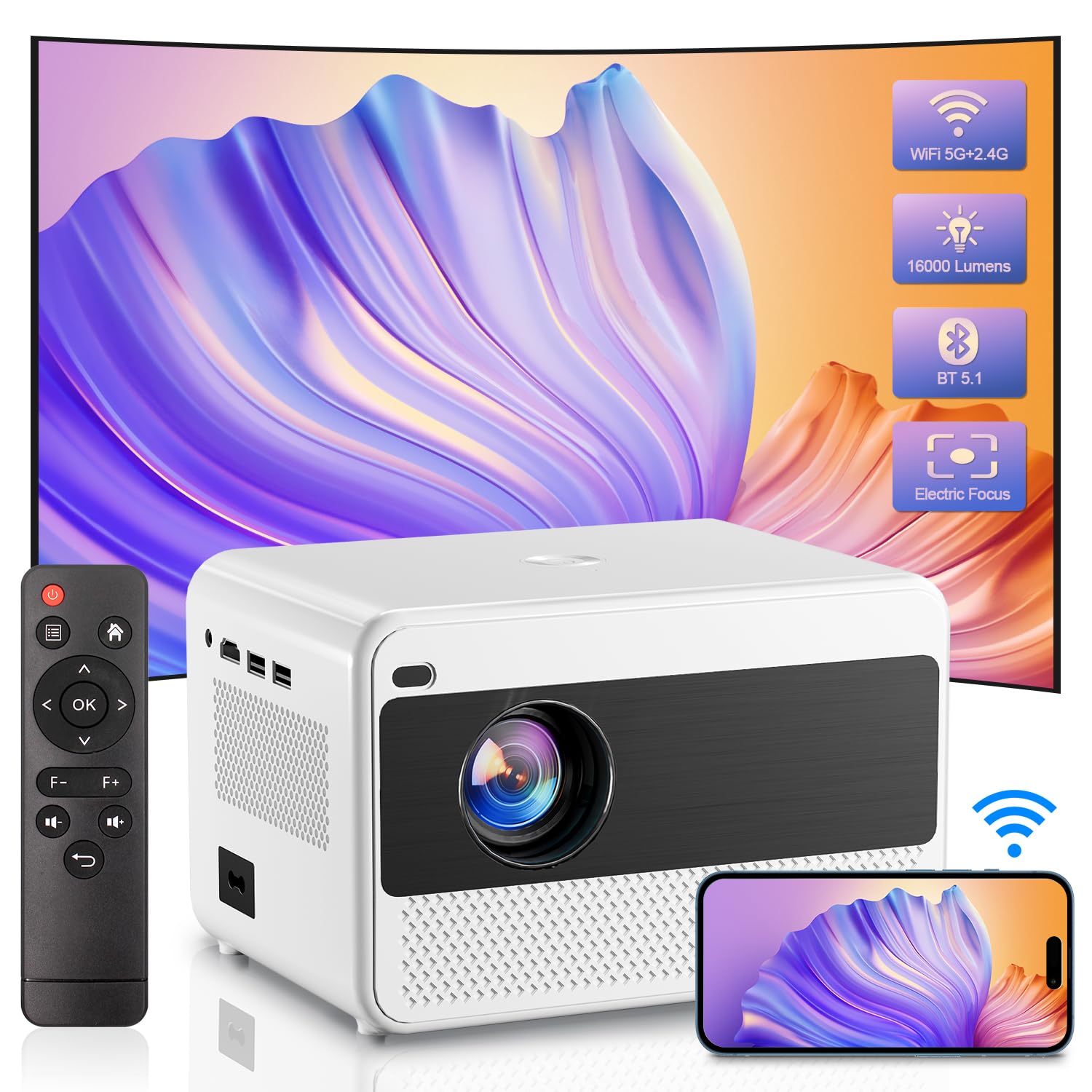 پروژکتور POYBPCY 5G WiFi بلوتوث Full HD 1080P ویدیو پروژکتور LED 16000 لومن 200 اینچ زوم پرتابل سینمای خانگی سازگار با گوشی هوشمند/ Fire Stick/ لپ تاپ/ PS5