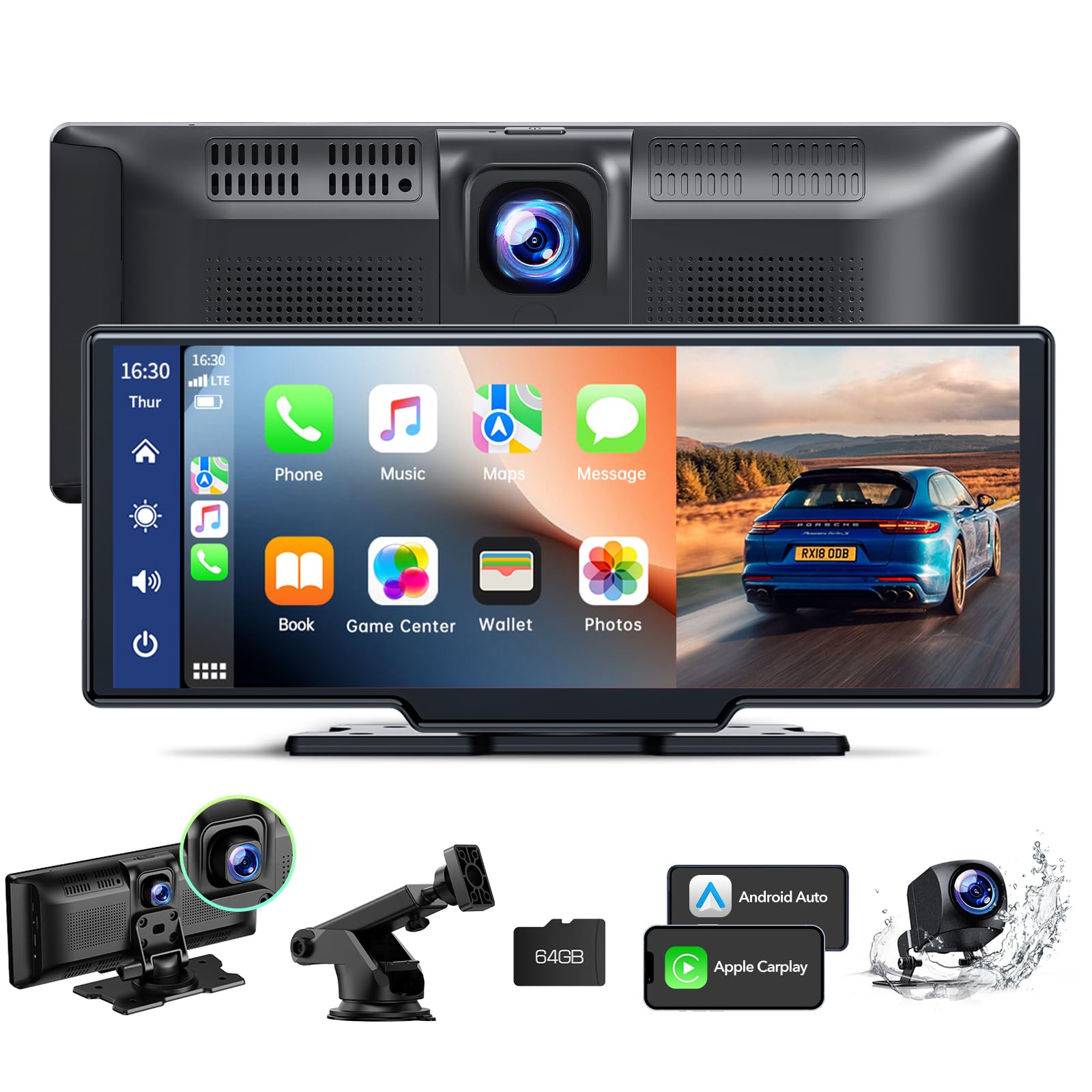 رادیو قابل حمل LAMTTO Wireless CarPlay Android Car با صفحه نمایش ۹.۲۶ اینچی، دوربین جلو و عقب ۲.۵K + 1080P Dashcam، صفحه Carplay برای خودرو با کارت حافظه ۶۴G TF، بلوتوث، ناوبری، میرور لینک، سیری/گوگل، AUX/FM
