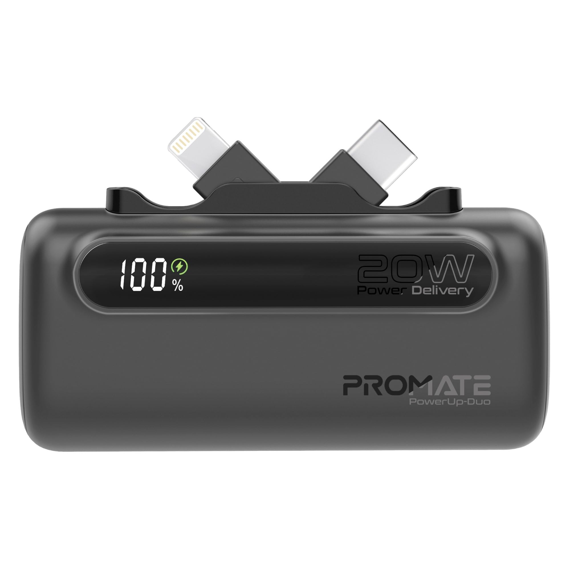 پاوربانک Promate، پاوربانک 5000 میلی آمپر ساعت با پورت USB-C 20 واتی ورودی/خروجی قابل تاشو، پورت پشتیبانی از رابط 12 واتی لایتنینگ قابل تاشو، پورت USB-C 20 واتی بسیار سریع ورودی/خروجی، نمایشگر LED 1000، PowerUp-Duo مدل مشکی