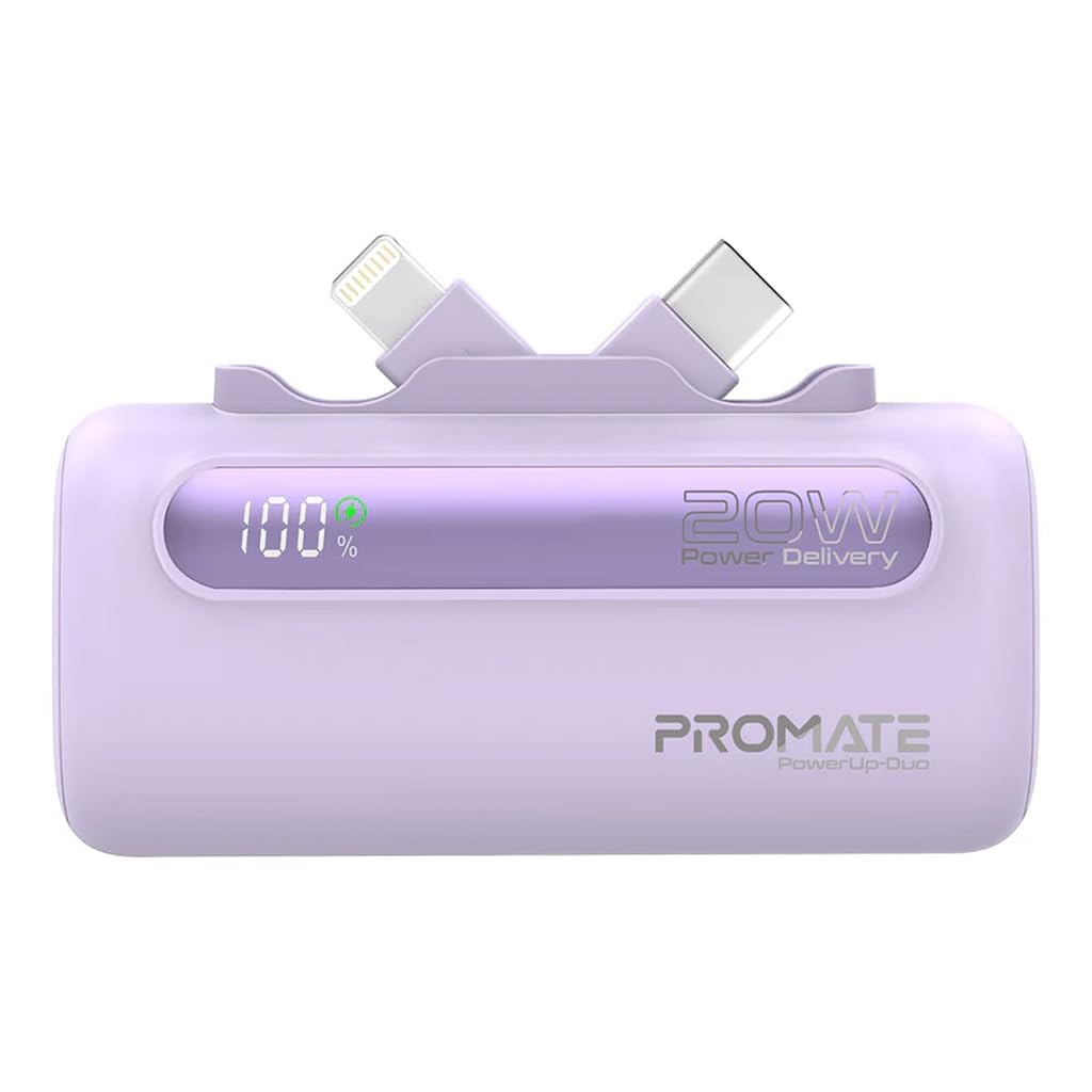 پاور بانک مینی پرومیت، 5000 میلی آمپر با کانکتور USB-C™ 20 واتی ورودی/خروجی قابل تاشو، کانکتور لایتنینگ 12 واتی قابل تاشو، نمایشگر LED، پاورآپ-دو (بنفش)