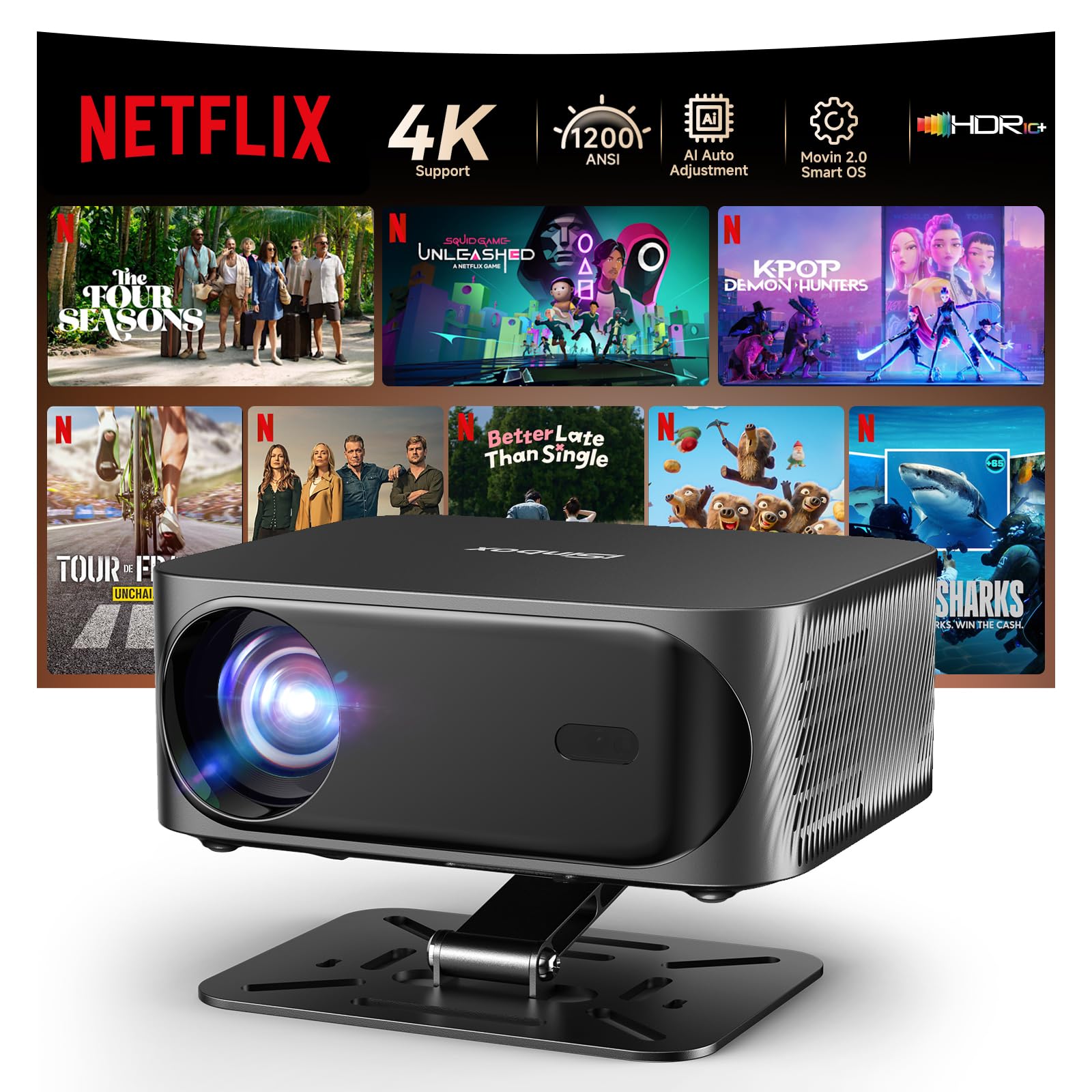 پروژکتور بیرونی 4k AI Movin 2.0  با 1200 ANSI/Auto Focus & Keystone، دارای وای فای و بلوتوث، پروژکتور هوشمند قابل حمل با برنامه های داخلی Netflix/YouTube/PrimeVideo & Dolby، سینمای خانگی با HDR10+
