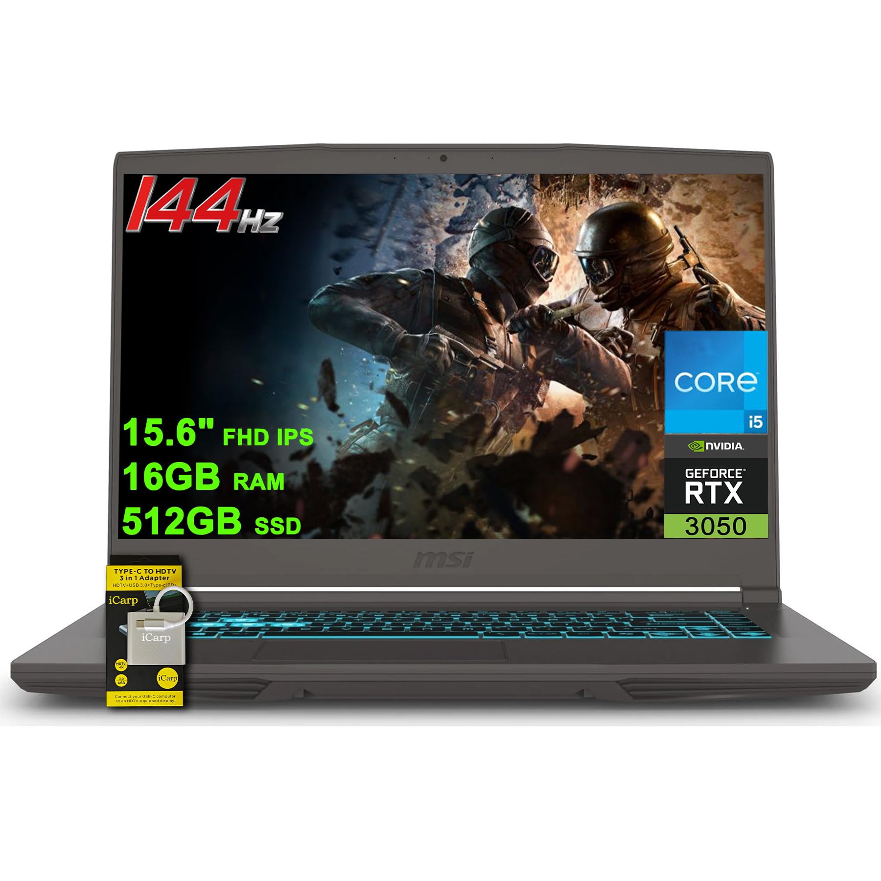 لپ تاپ بازی MSI Thin 15 با صفحه نمایش 15.6 اینچ FHD IPS 144Hz، Intel 8 هسته‌ای i5-12450H (برتری بر i7-11800H)، 16GB RAM، 512GB SSD، GeForce RTX 3050، پشتیبانی از ورودی USB-C، نور پس زمینه، ویندوز 11 همراه با لوازم جانبی ICP.