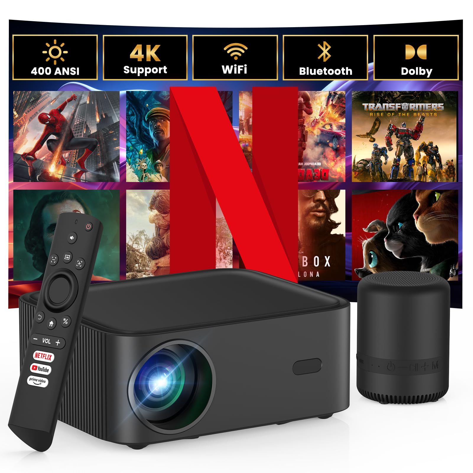 مینی پروژکتور HOPVISION با صدای دالبی و بلندگوی بلوتوث، ویدیو پروژکتور ۱۵۰۰۰ لومنس Full HD ۱۰۸۰P، وای فای بلوتوث، همگام شو تلویزیون نتفلیکس به همراه ۴K، سینمای خانگی قابل حمل، سازگار با یوتیوب/پرایم ۱۵۰۰۰ لومنس