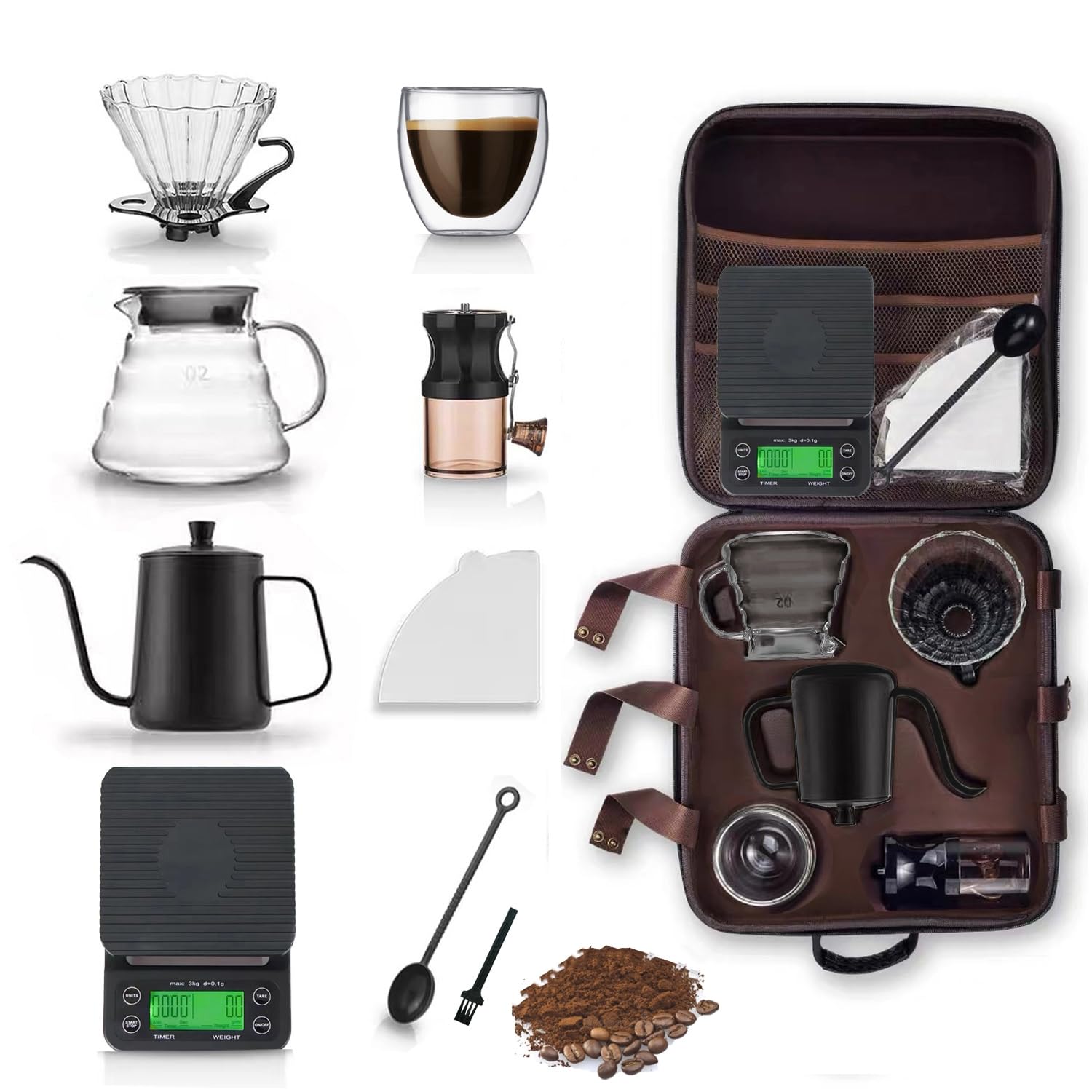 ست کردن قهوه HJB VISSO، مجموعه ده عددی V60 Pour Over Drip، مجموعه سرو قهوه، مجموعه قهوه‌سازی مسافرتی با آسیاب قهوه، سرویس، قوری‌پز، فیلتر، ترازو و فنجان ریختن قهوه، همه در یک کیف هدیه