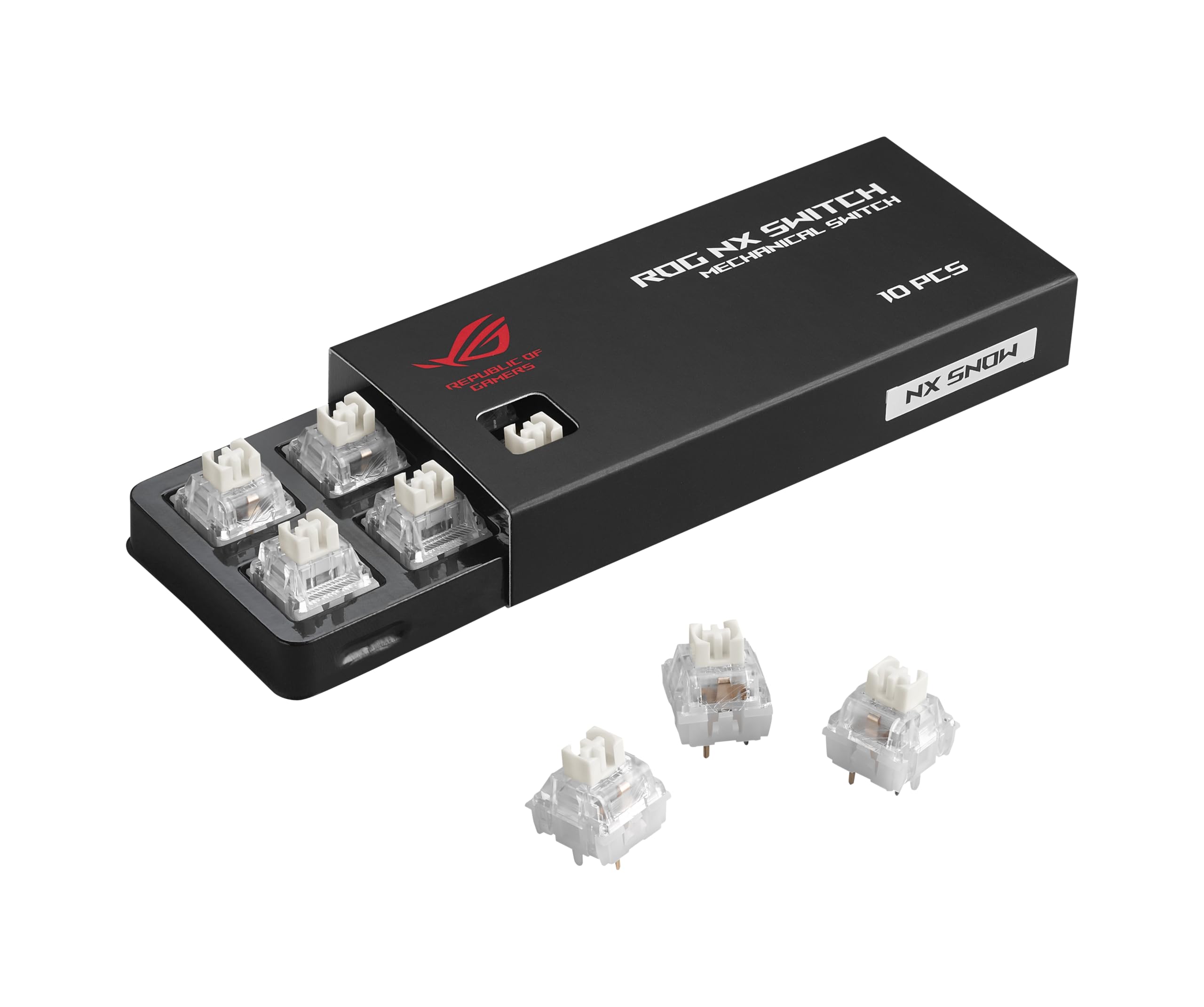 ASUS ROG NX Snow Switches (10 عدد)، با قلمکار پیش‌لوله‌ای، نقطه فعال‌سازی 1.8 میلی‌متر، بدنه PC و POM، ساقه POM