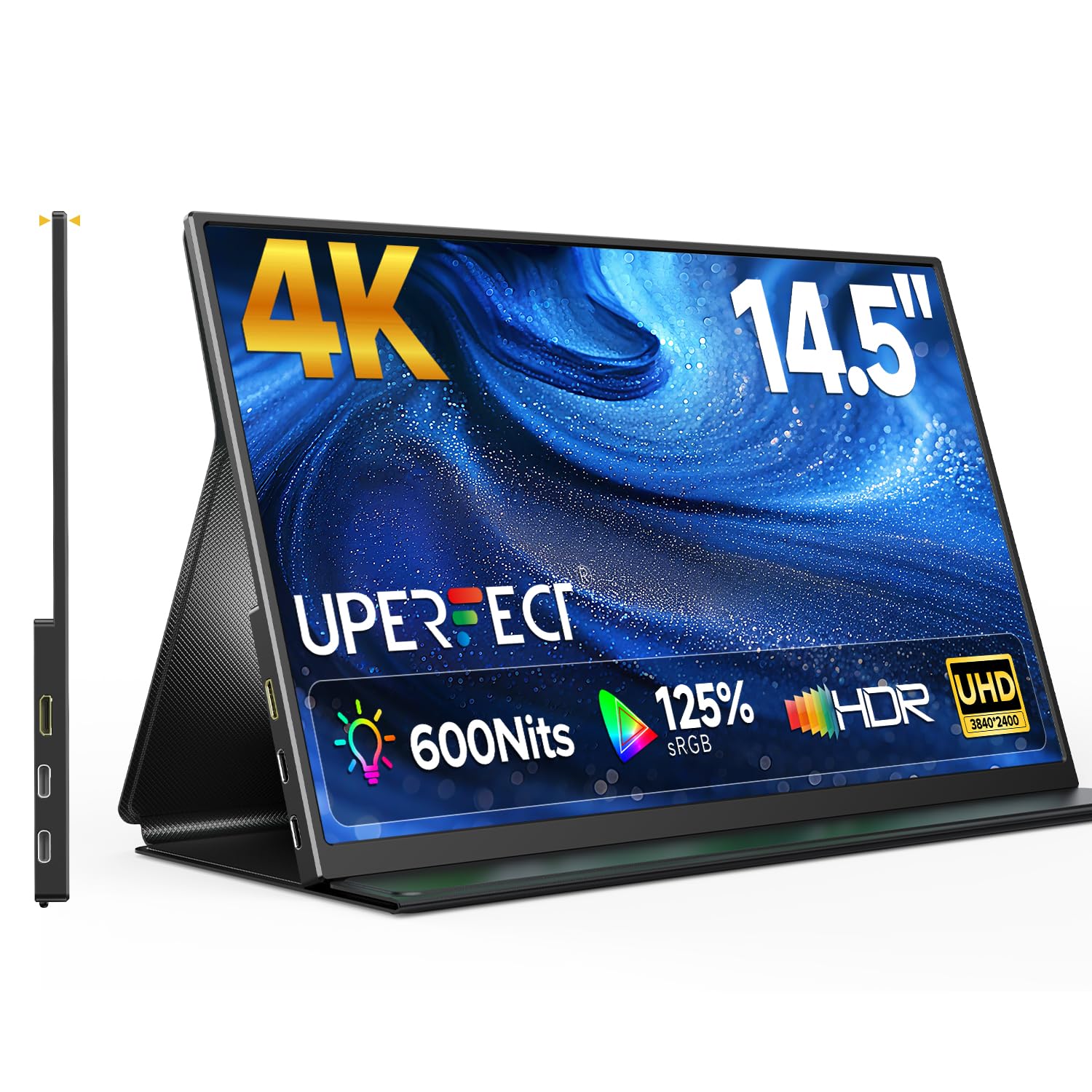 مانیتور قابل حمل UPERFECT 4K، نمایشگر لپ تاپ 14.5 اینچ UHD 3840x2400 با پوشش هوشمند، صفحه IPS مات 16:10، 100٪ sRGB، 1.06 میلیارد رنگ، روشنایی 500 نیت، قاب فلزی برای PC/Mac/Phone 14.5 اینچ 4K