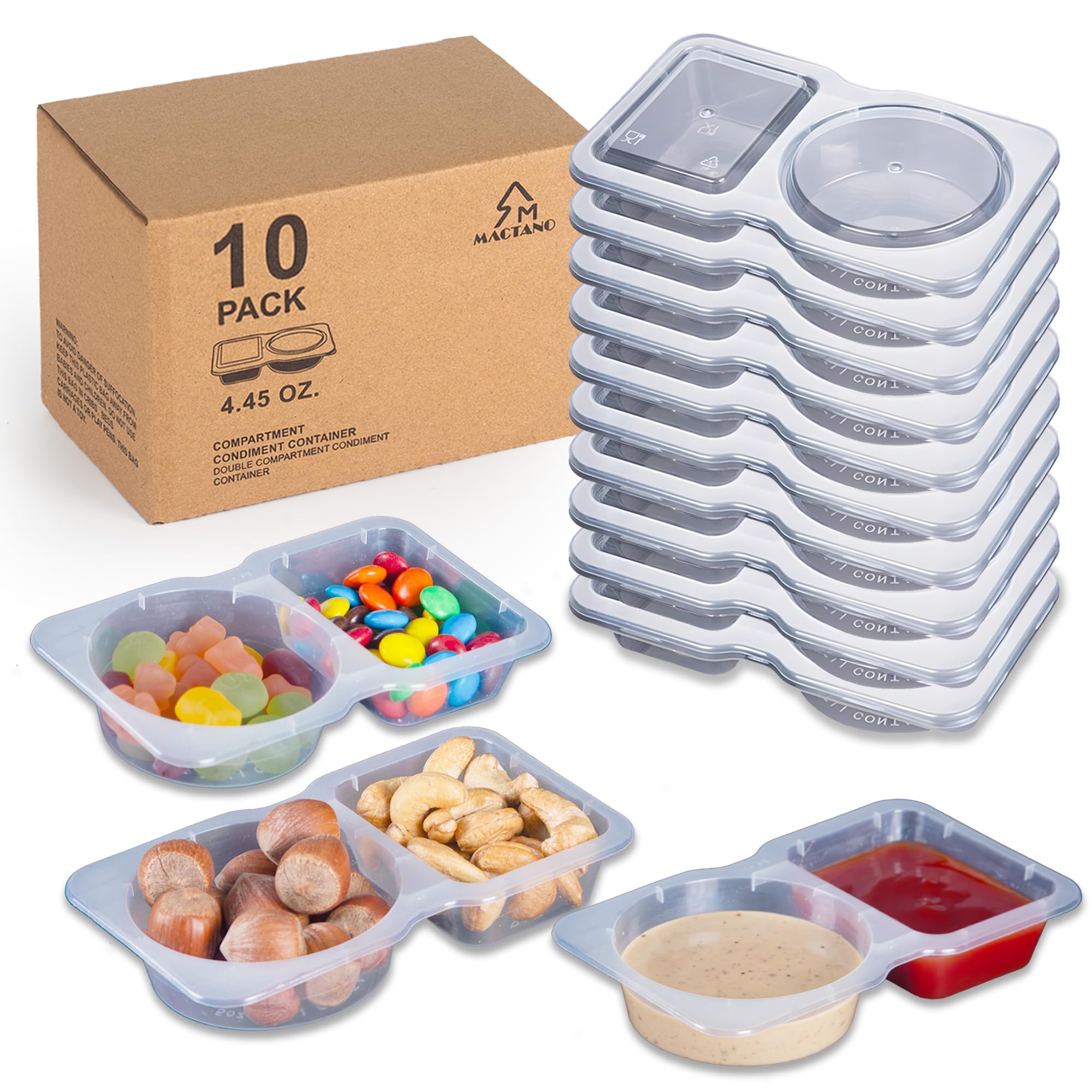 MACTANO 10 Sets Condiment Container with Lid، Disposable Double Compartment Plastic Container برای Sauce Snack