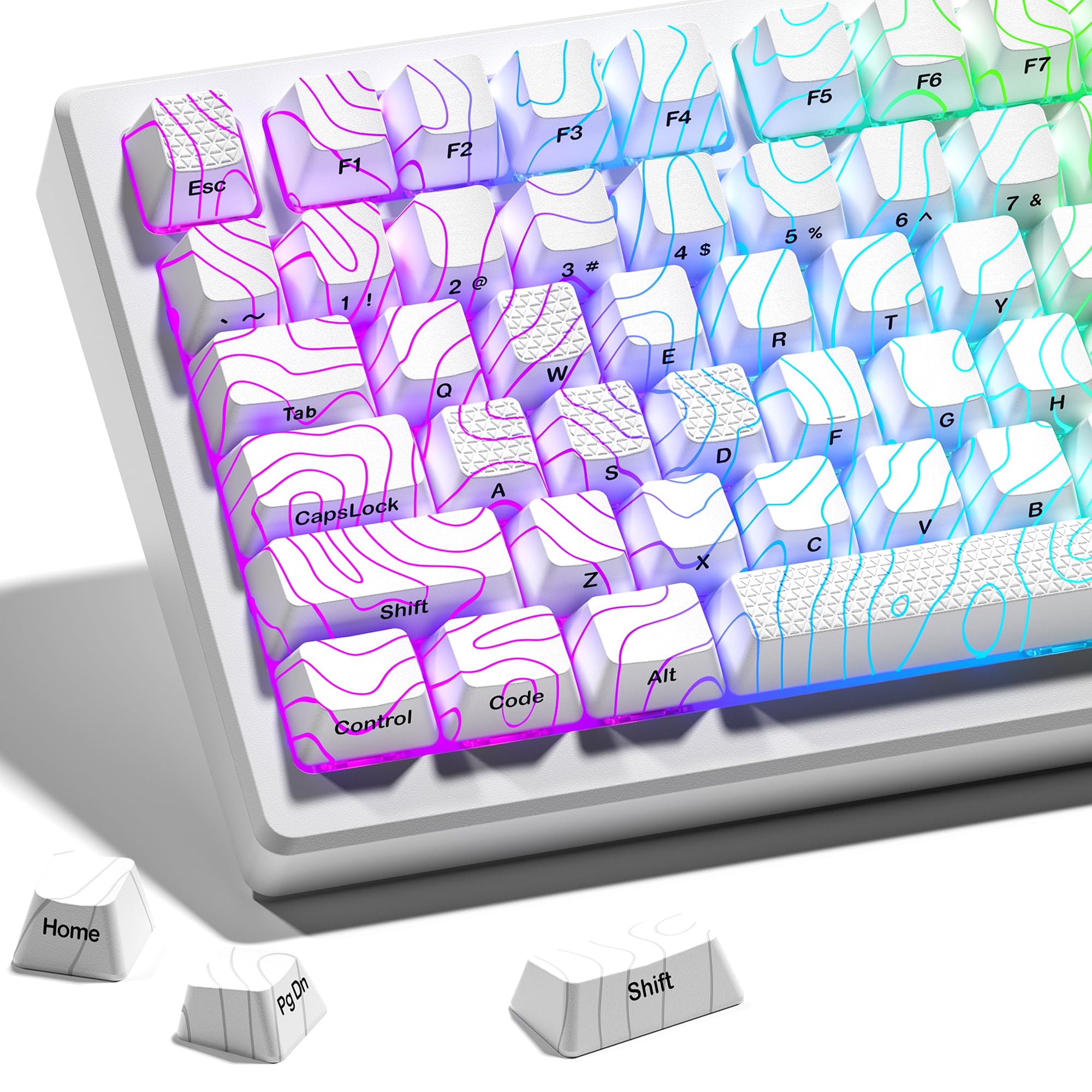 کیبورد حرفه‌ای ۶۰ ۷۵ ۱۰۰ درصد با کیپ‌کپ‌های سفید حروف چاپ‌شده در کنار برای صفحه‌کلید مکانیکی، مجموعه کیپ‌کپ‌های سفید HITIME XVX با تکنولوژی IMD، پروفایل OEM و ۱۱۸ کلید، الگوی توپوگرافیک (فقط کیپ‌کپ‌ها)