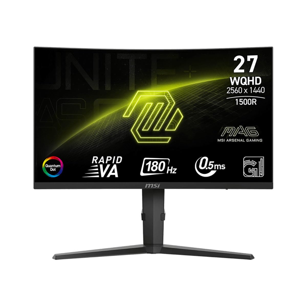 مانیتور MSI MAG 275CQRF QD E2 ابعاد 27 اینچ با رزولوشن 2560 در 1440 (QHD)، فرکانس تازه‌سازی 180Hz، سازگار با تکنولوژی Free-Sync، پورت‌های HDMI، DisplayPort، VGA، قابل نصب بر روی VESA، امکان تنظیم زاویه، دارای بلندگو، زمان پاسخ‌دهی 0.5 میلی‌ثانیه و رنگ مشکی