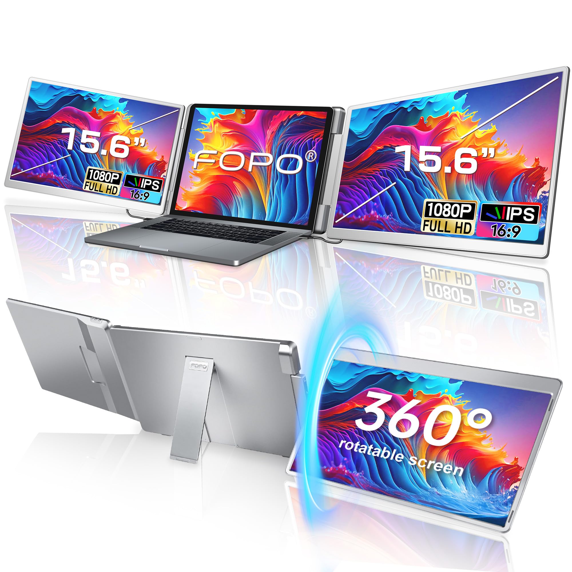 FOPO 15.6 Triple Laptop Screen Extender, Left Screen 360° Rotation Laptop Monitor Extender, Plug and Play Triple Monitor for 13-17" لپ تاپها با USB-C / HDMI، برای ویندوز / مک (M1 / M2 / M3) Pro / Max - S10