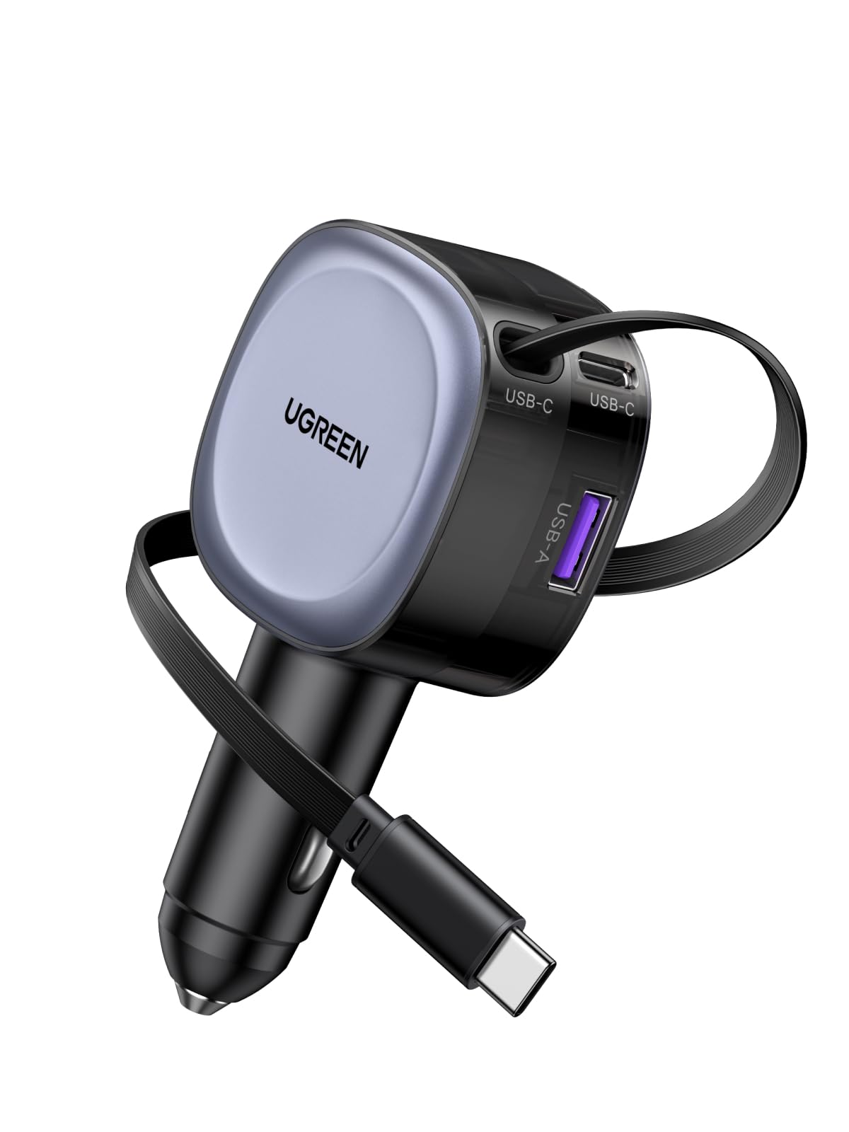 شارژر اتومبیل قابل کشیدن UGREEN 75W با کابل USB C 60 وات داخلی 60 وات به طول 75 سانتی‌متر، شارژر اتومبیل Type C شارژ سریع 3 پورتی آداپتور شارژ تلفن خودرو، برای آیفون سری 16، مک‌بوک پرو/ایر، سامسونگ S25 الترا