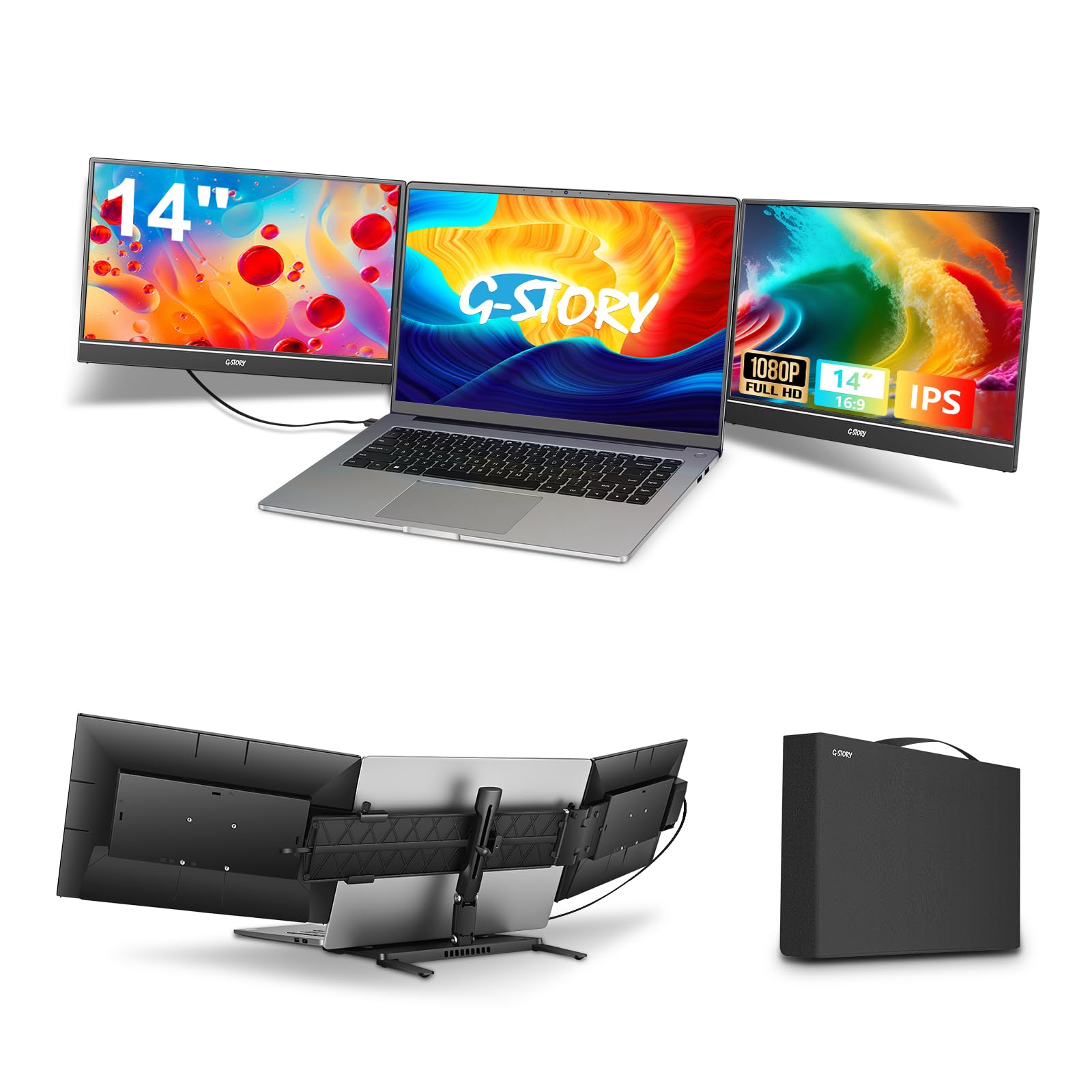 افزایش دهنده صفحه نمایش سه گانه G-STORY، مانیتور قابل حمل FHD 1080P 14 اینچ برای لپ تاپ، اتصال تک آوازه به دو مانیتور قابل نصب بر روی مک و ویندوز و سازگار با لپ تاپ‌های 13-17.3 اینچ GS140NB