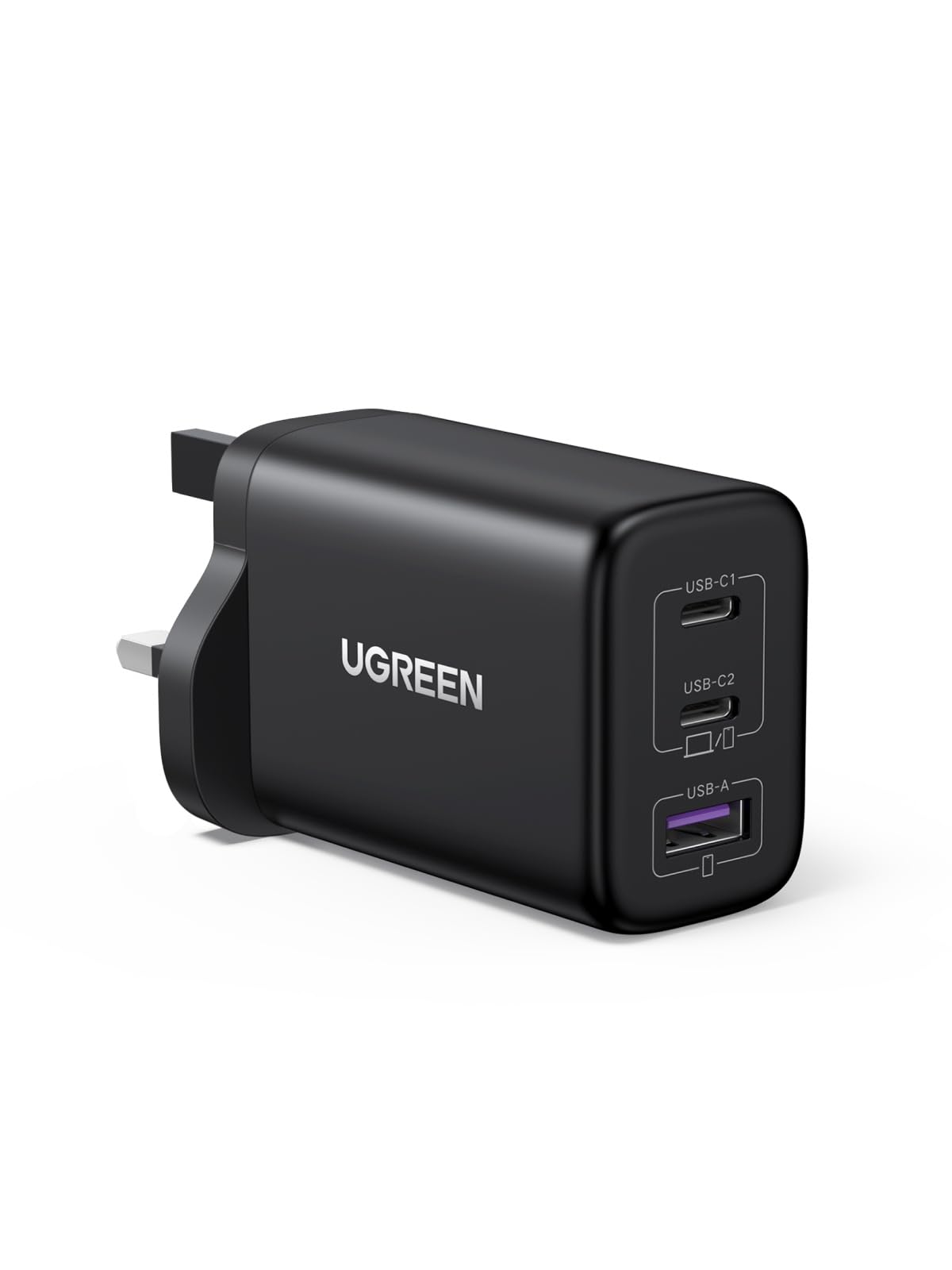 شارژر UGREEN 4 پورت Nexode 65 وات Type C، آداپتور تغذیه قابل تاشو لپ تاپ GaN، شارژ سریع USB دیواری مناسب برای MacBook، HP/Dell/Lenovo، iPad Air، iPhone 16 Pro Max، 45 وات Galaxy S25Ultra 3 پورت سفید