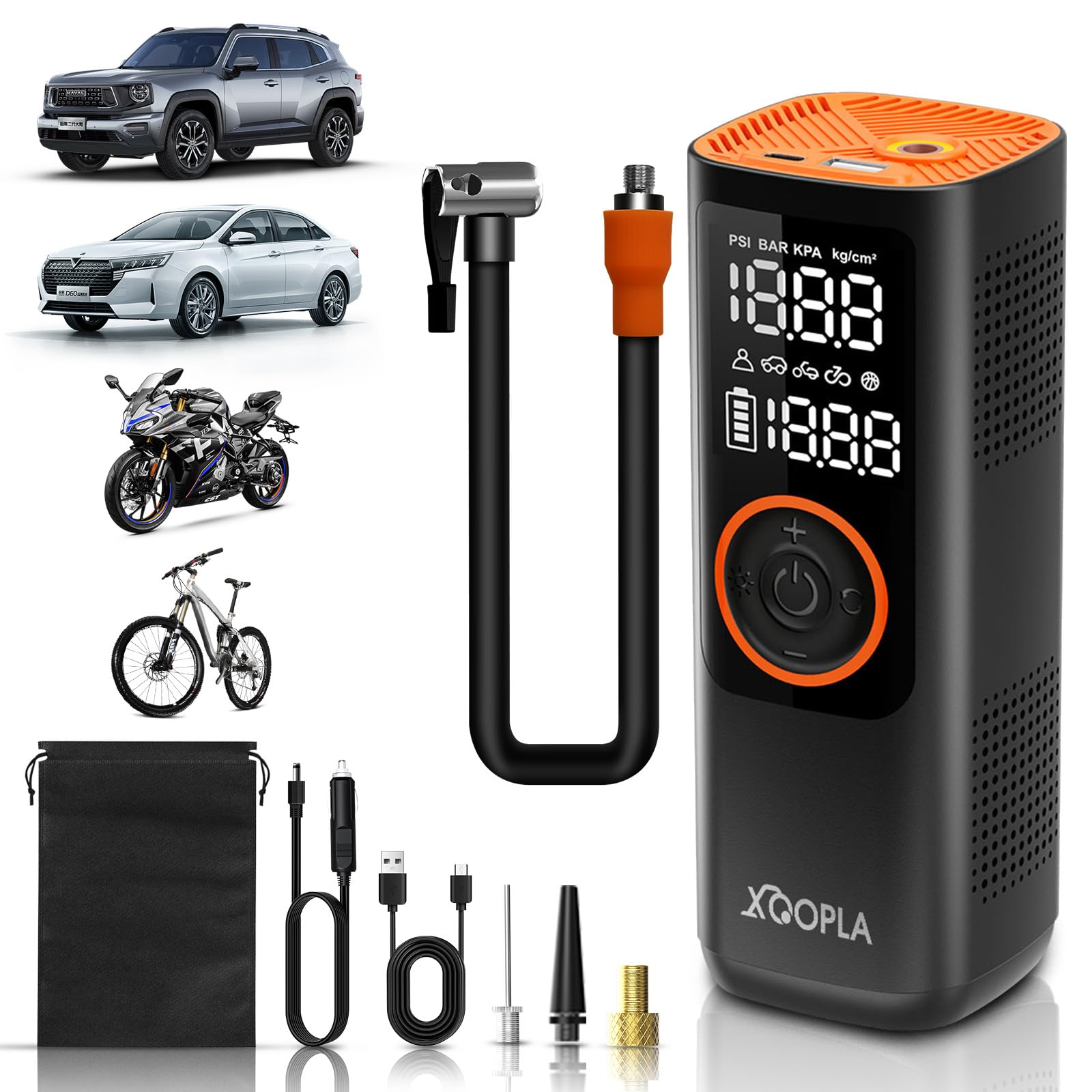 پمپ هوا قابل حمل 150PSI Xoopla برای تایرها 7500mAh، فشاربرو تایر خودرو، دارای صفحه‌نمایش دیجیتال LCD، 5 حالت، پمپ برقی برای خودرو، موتورسیکلت، توپ و دوچرخه، بی‌سیم، 28 لیتر در دقیقه