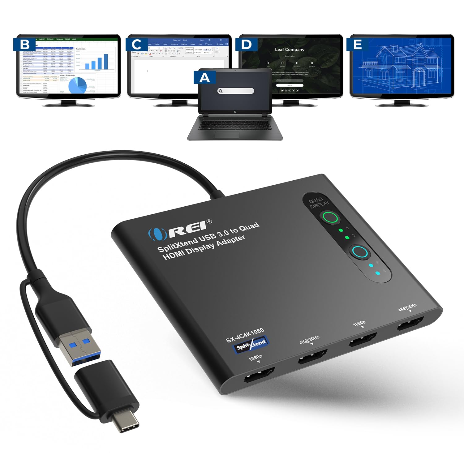 OREI SplitExtend اسپلیتر HDMI برای نمایش گسترده بر روی چهار مانیتور - نمایش چند مانیتور با پنج صفحه جداگانه - آداپتور USB-C به HDMI 2.0، خروجی 4K@30Hz - سازگار با ویندوز و مک