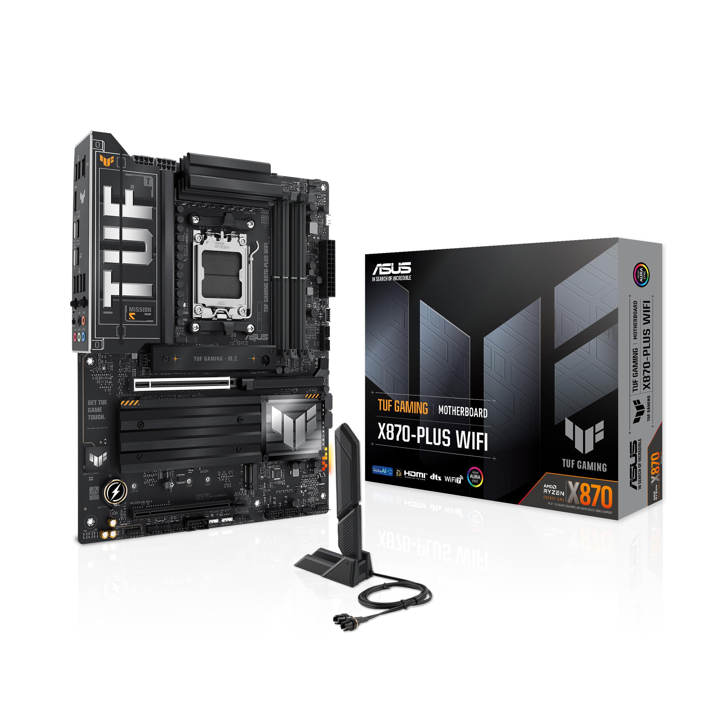 مادربرد ASUS TUF Gaming X870-PLUS WiFi AMD AM5 X870 ATX، 16+2+1، استیج‌های تغذیه 80 آمپری SPS، DDR5، PCIe 5.0 آماده، چهار اسلات M.2، Wi-Fi 7، LAN 2.5Gb، HDMI، USB4® با سرعت 40Gbps، SATA 6 Gbps، و USB 20Gbps نوع C.