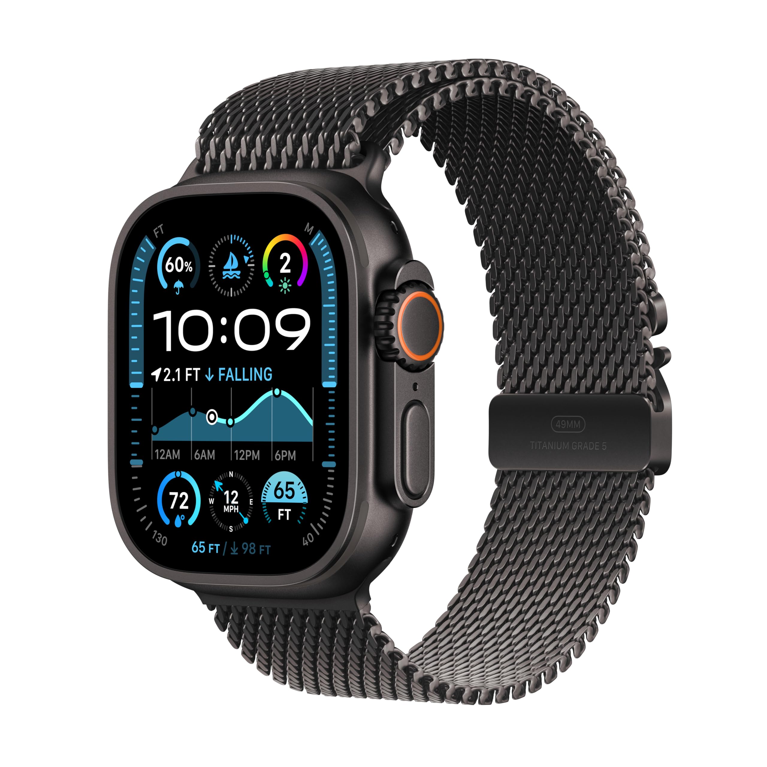 ساعت هوشمند Apple Watch Ultra 2 GPS + Cellular 49 میلی‌متر، همراه با محافظ Black Rugged Titanium و بند Black Milanese Loop - M. دارای امکان ردیابی فعالیت‌های ورزشی، GPS دقیق، عمر باتری بلند، بند Carbon Neutral Milanese Loop سایز متوسط رنگ مشکی - مناسب برای مچ‌های 155–185 میلی‌متر