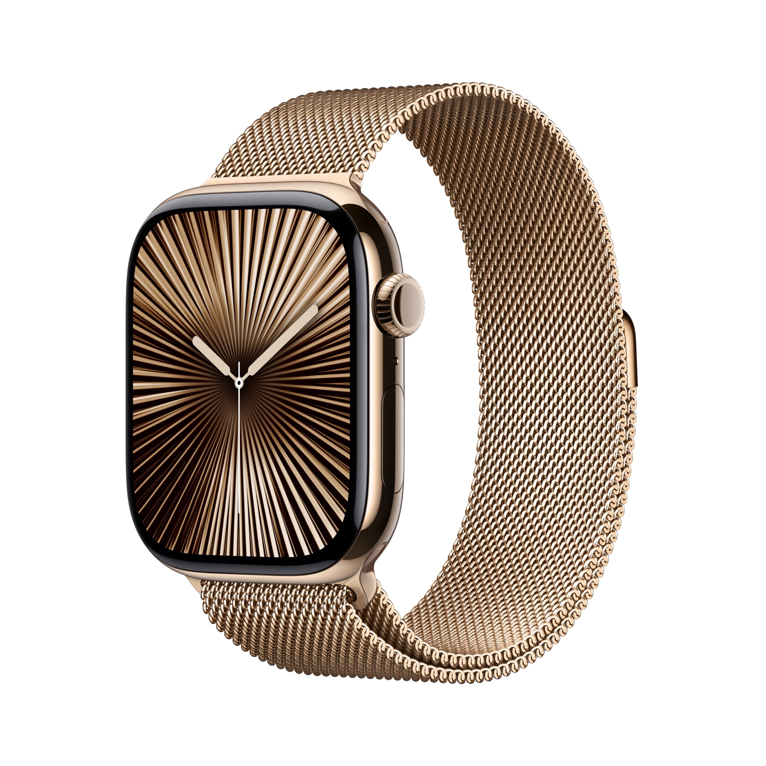 ساعت هوشمند Apple Watch Series 10 GPS + Cellular با قاب تیتانیوم طلایی و بند Milanese Loop طلایی - سایز M/L. دارای قابلیت ردیابی فیتنس، اپلیکیشن ECG، نمایشگر Retina همیشه روشن، قابلیت کربن‌نترال، قاب 46 میلیمتر طلایی بند Milanese Loop متوسط/بزرگ - با قابلیت استفاده برای مچ 150-200 میلیمتر