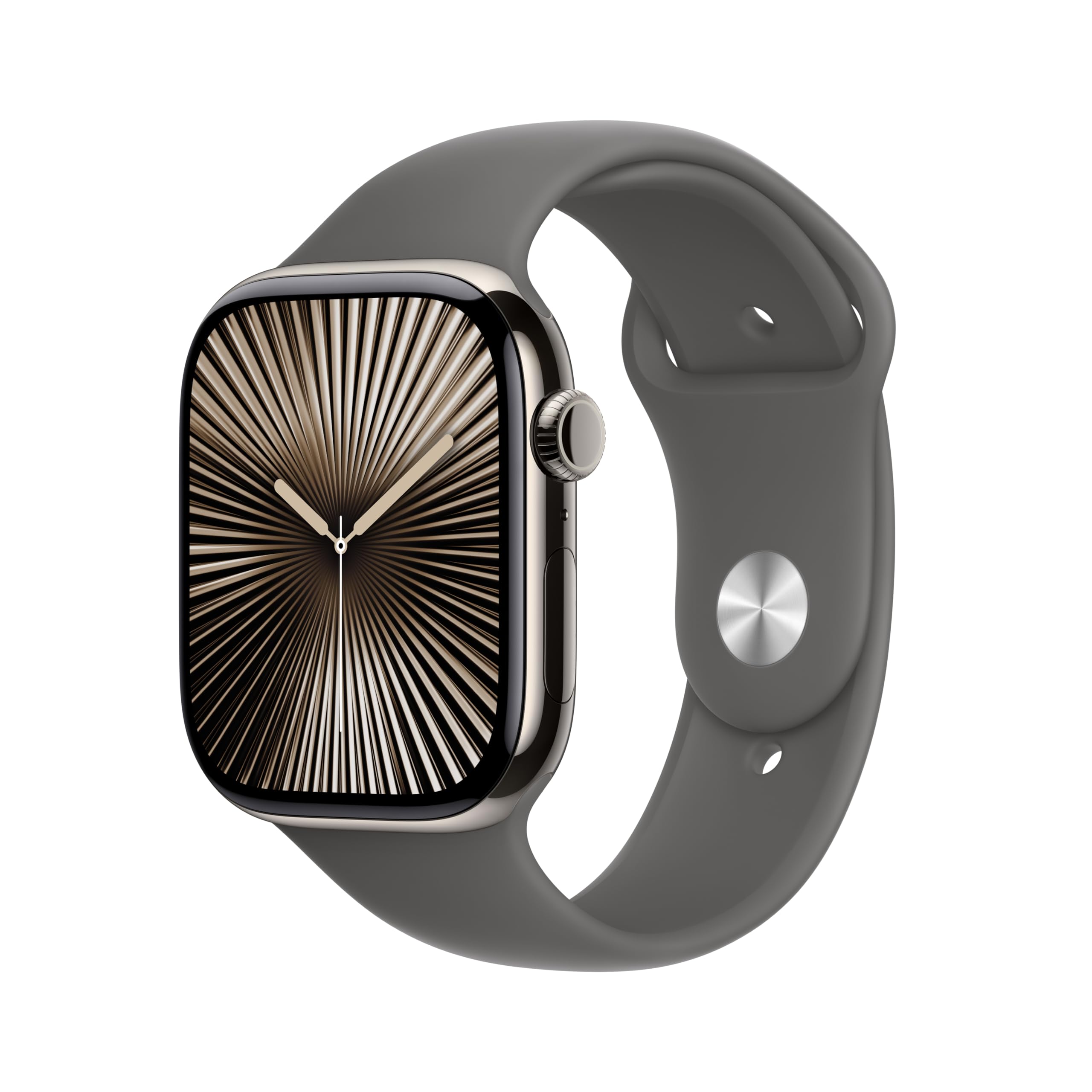 ساعت هوشمند Apple Watch Series 10 GPS + Cellular 42 میلی‌متری با قاب تیتانیوم طبیعی و بند اسپرت سنگی خاکستری - سایز S/M. ردیاب فعالیت بدنی، اپلیکیشن ECG، نمایشگر Retina همیشه روشن، ضدآب با قاب طبیعی/بند اسپرت سنگی خاکستری 42 میلی‌متری S/M - بند مناسب برای مچ‌های 130-180 میلیمتر است