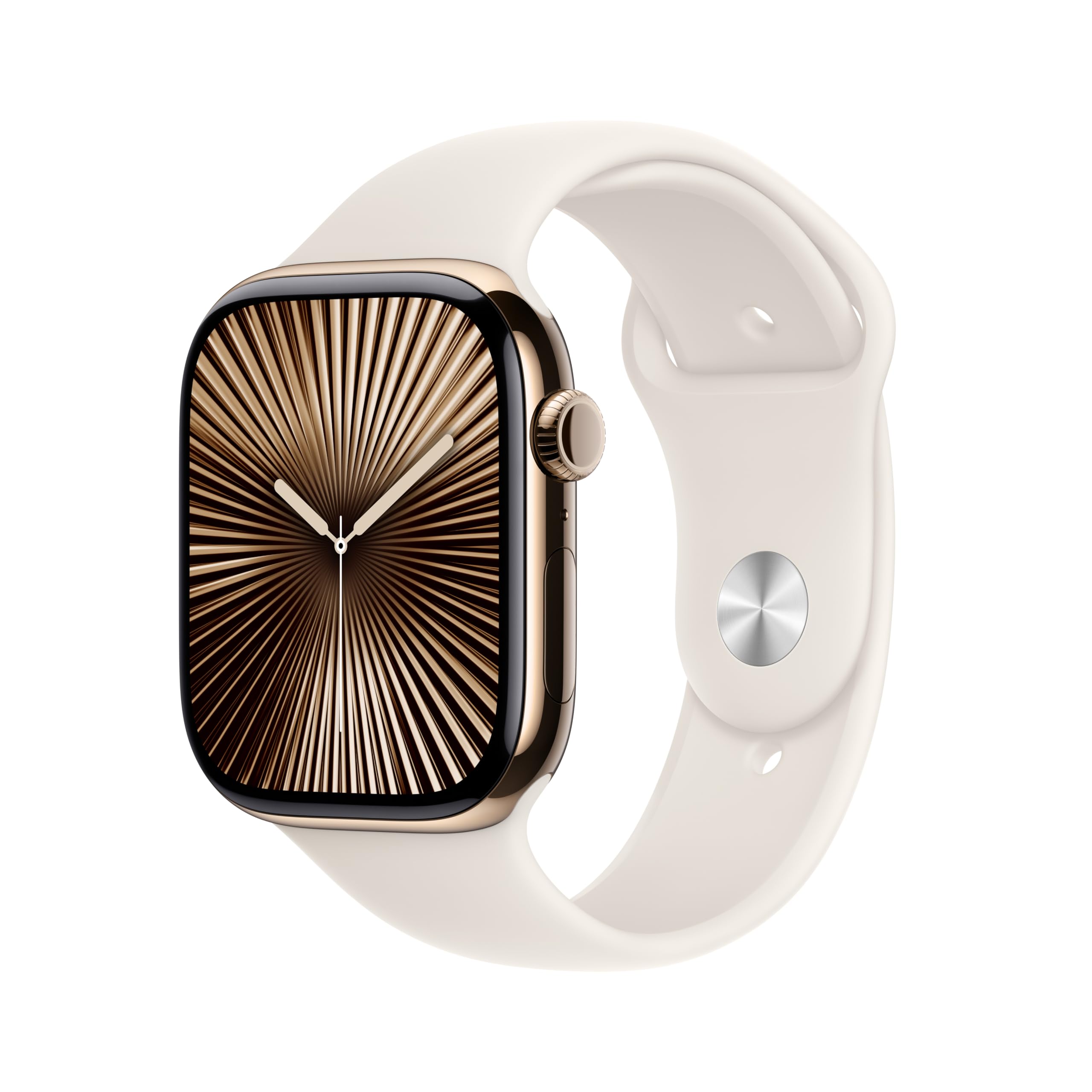ساعت هوشمند Apple Watch Series 10 GPS + Cellular با قاب تیتانیومی طلا و بند ورزشی ستاره‌ای - S/M. دارای پیگیری تناسب اندام، اپلیکیشن ECG، نمایشگر Retina همیشه روشن، مقاوم در برابر آب با قاب 42 میلی‌متری طلا/ستاره‌ای و بند ورزشی S/M - بند مناسب برای مچ‌های 130-180 میلی‌متری