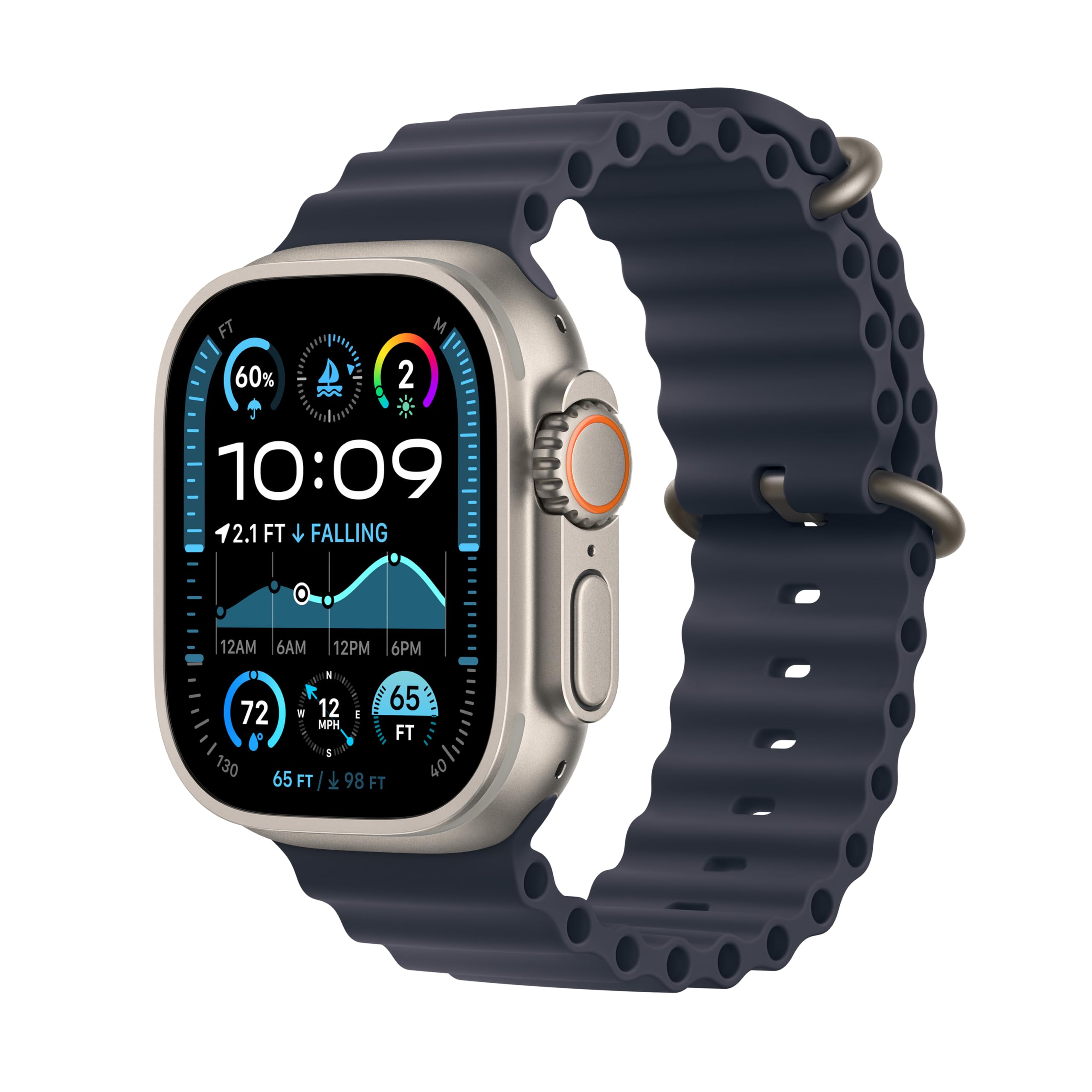 ساعت هوشمند Apple Watch Ultra 2 GPS + Cellular با قاب تیتانیوم طبیعی و بند آبی دریایی، ساعت ورزشی 49 میلیمتری. دارای دسته‌بندی Ocean Band طبیعی/آبی، دنبال‌کننده فعالیت‌های ورزشی، GPS دقیق و عمر باتری بلند، مناسب برای مچ‌های 130-200 میلیمتری.