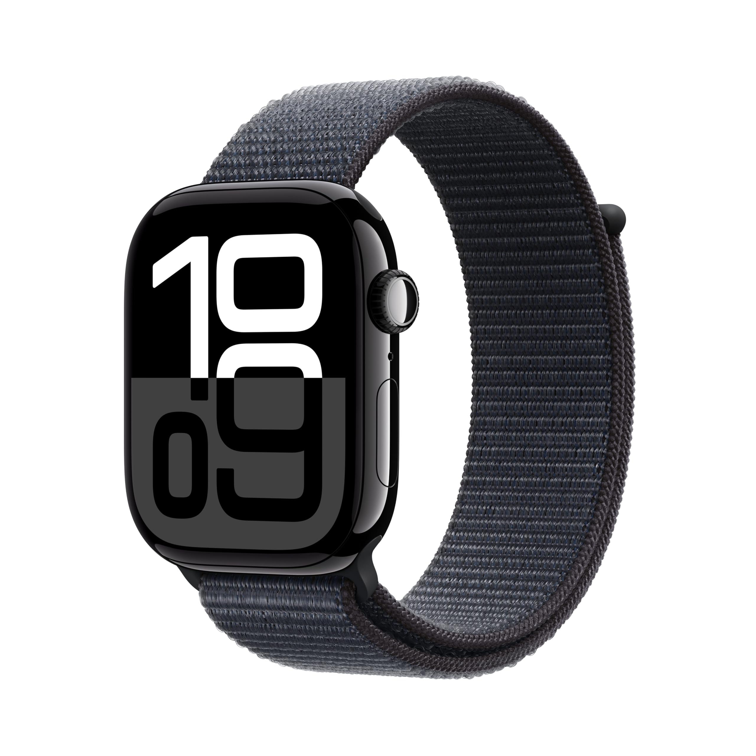 ساعت هوشمند GPS Apple Watch Series 10 با قاب آلومینیومی جت بلک با بند اسپرت اینک رنگ. این ساعت دارای ویژگی‌هایی همچون نمایش فعال Retina، ردیابی فیتنس، اپلیکیشن ECG و دارای بند اسپرت مناسب برای مچ 130-200 میلیمتری است.