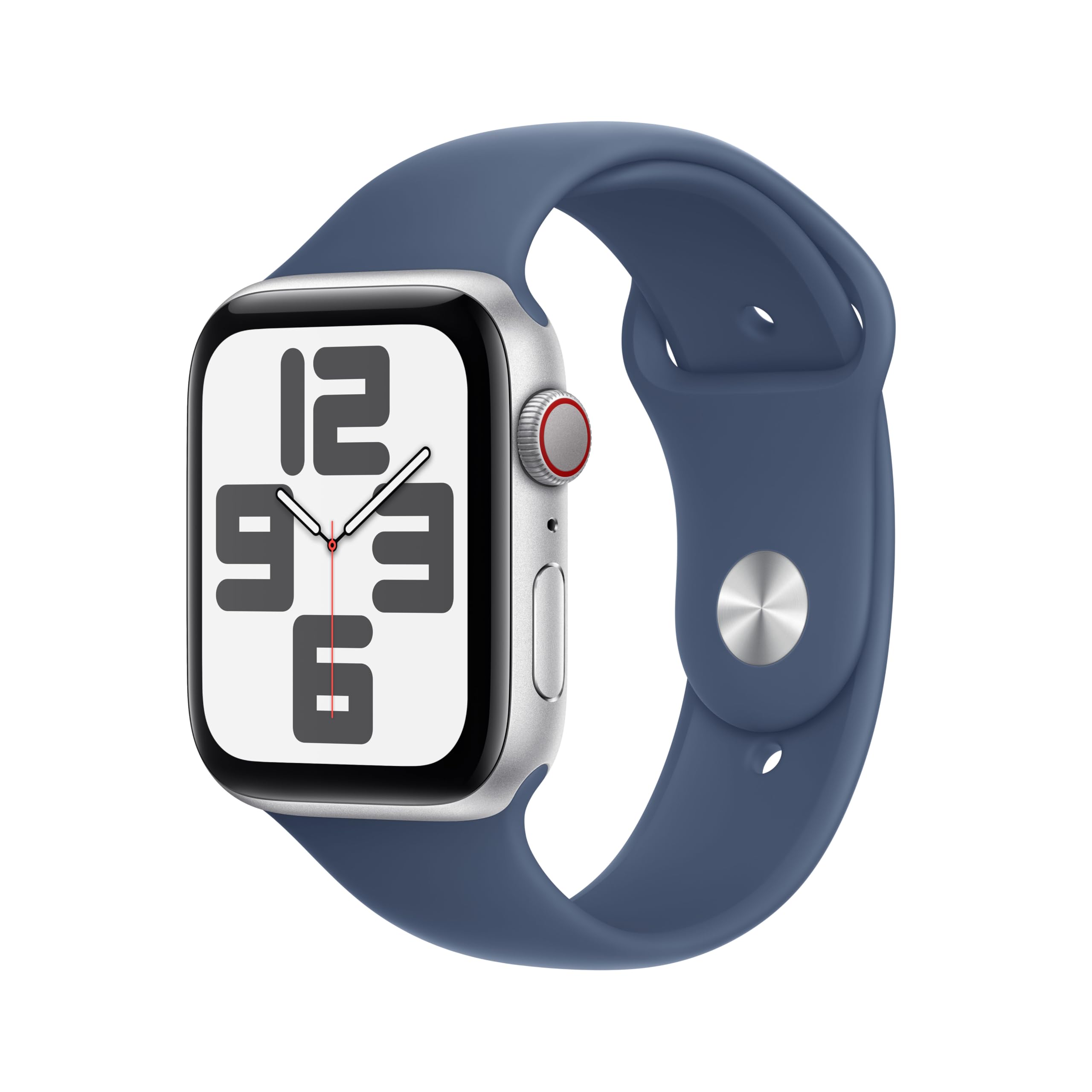 ساعت هوشمند Apple Watch SE (نسل دوم) GPS + Cellular 44 میلی‌متری با قاب آلومینیومی نقره‌ای و بند اسپرت دنیم - S/M. ردگیری فیتنس و خواب، تشخیص برخورد، نظارت بر ضربان قلب، نمایشگر Retina نقره‌ای/دنیم، قاب 44 میلی‌متر با بند اسپرت S/M - مناسب برای مچ‌های 140-190 میلی‌متر