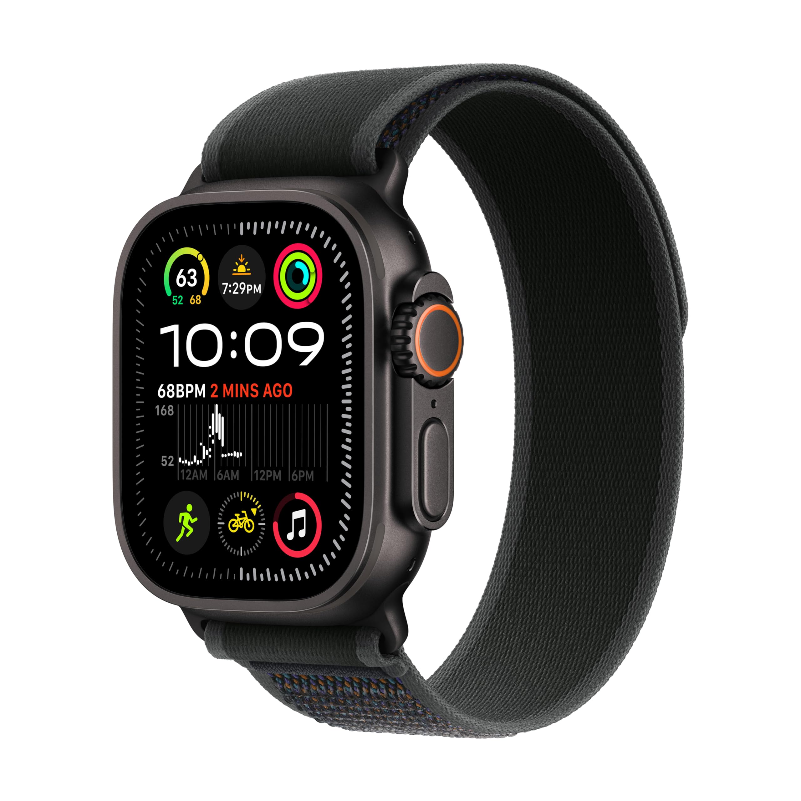 معمولاً، Apple Watch Ultra 2 GPS + Cellular 49mm Smartwatch، ساعت هوشمند ورزشی با مورد تیتانیوم سخت و مشکی با Black Trail Loop - M/L. ردیاب فیتنس، GPS دقیق، عمر باتری بلند، Black M/L Trail Loop کربن نوتریل - مناسب مچ 145-220 میلی‌متری است